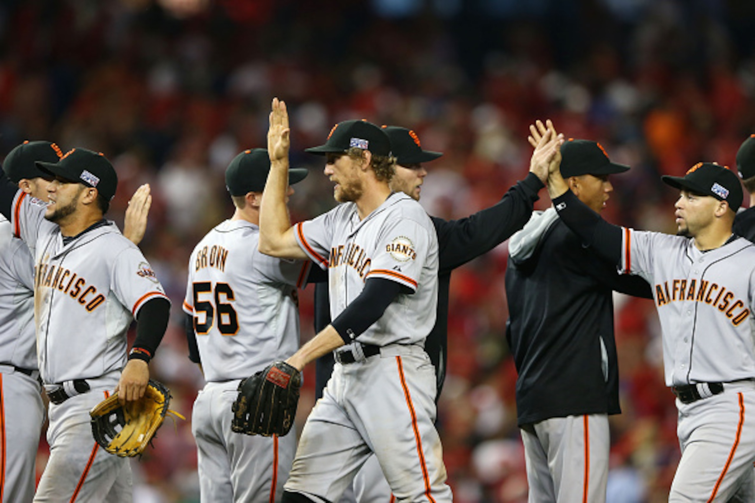 WASHINGTON, DC - OCTOBER 03: Hunter Pence #8 of the San Francisco Giants celebrates with teammates after their 3 to 2 win over the Washington Nationals in Game One of the National League Division Series at Nationals Park on October 3, 2014 in Washington, WASHINGTON, DC - OCTOBER 03: Hunter Pence #8 of the San Francisco Giants celebrates with teammates after their 3 to 2 win over the Washington Nationals in Game One of the National League Division Series at Nationals Park on October 3, 2014 in Washington,