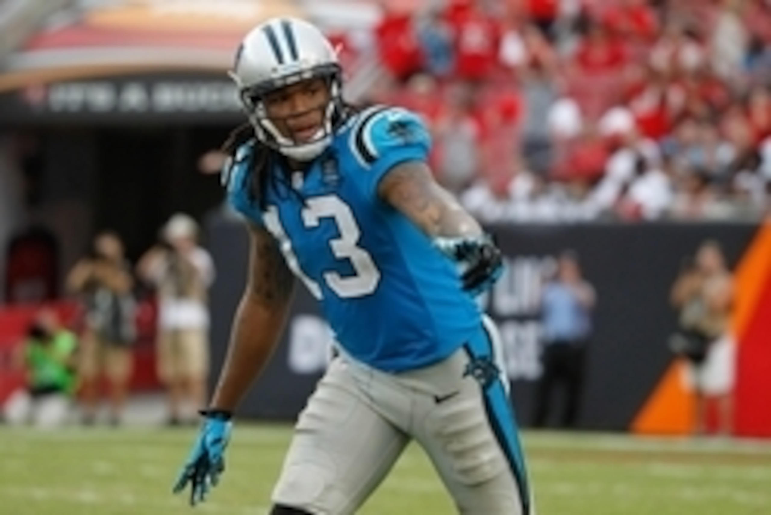 Sep 7, 2014; Tampa, FL, USA; Carolina Panthers wide receiver Kelvin Benjamin (13) points to the referee against the Tampa Bay Buccaneers during the second half at Raymond James Stadium. Carolina Panthers defeated the Tampa Bay Buccaneers 20-14. Mandatory 
