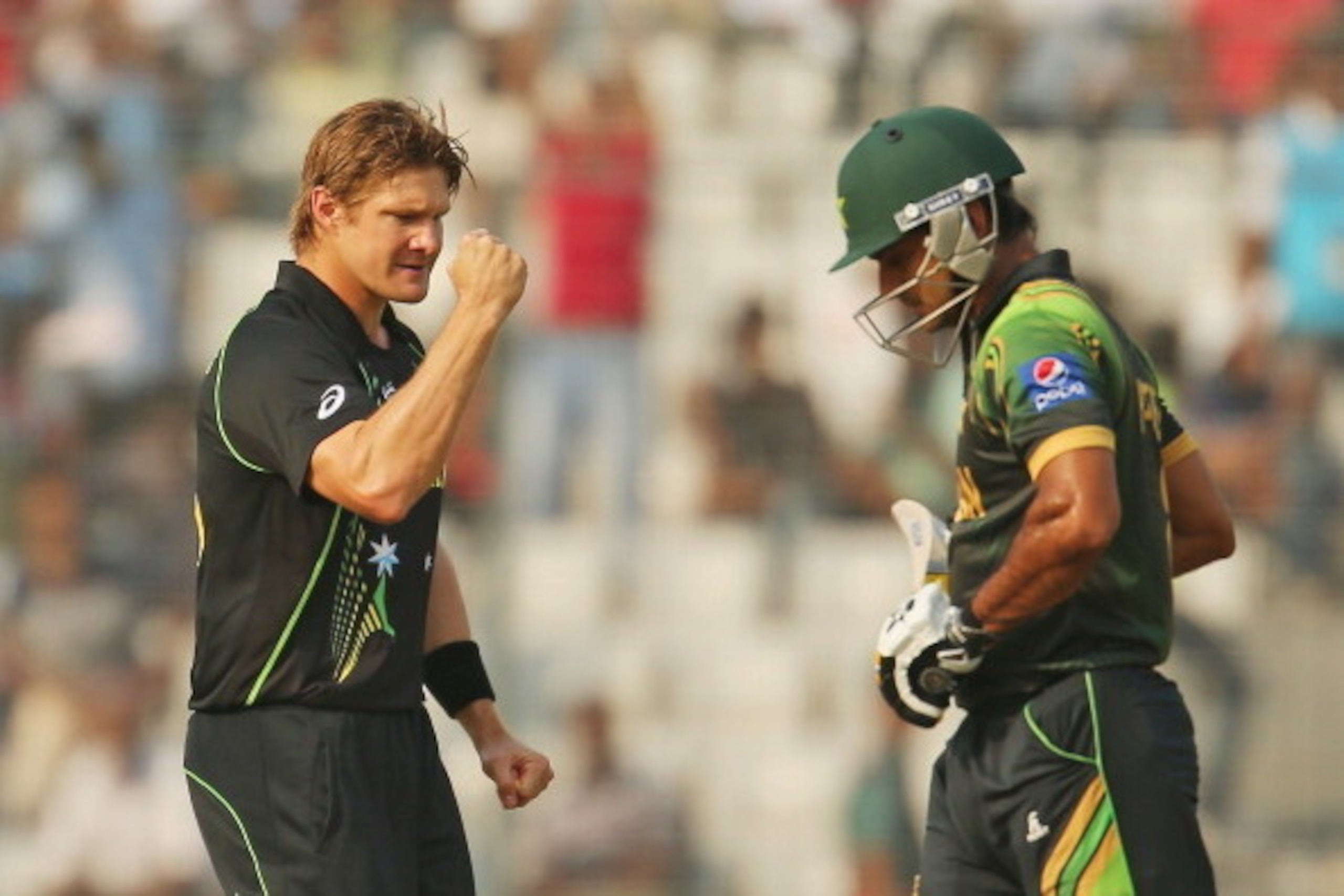 DHAKA, BANGLADESH - MARCH 23:  Shane Watson of Australia celebrates after dismissing Mohammad Hafeez of Pakistan during the ICC World Twenty20 Bangladesh 2014 match between Australia and Pakistan at Sher-e-Bangla Mirpur Stadium on March 23, 2014 in Dhaka,