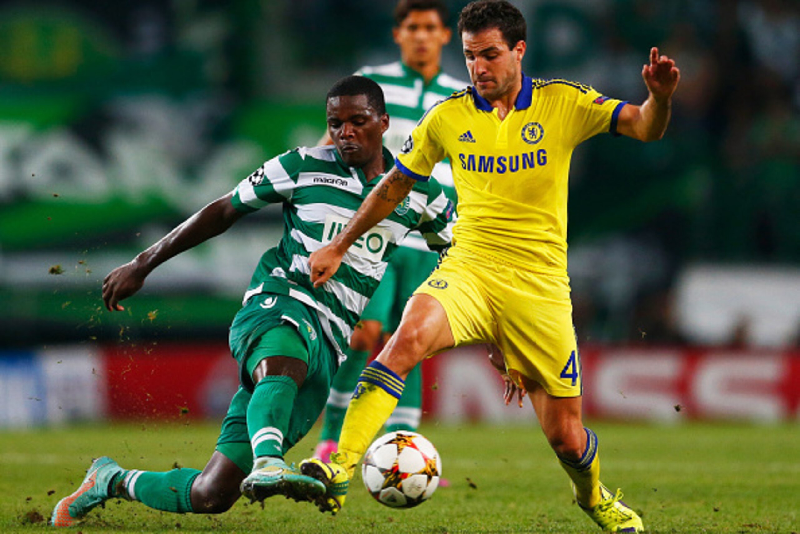 LISBON, PORTUGAL - SEPTEMBER 30:  William Carvalho of Sporting Lisbon tackles Cesc Fabregas of Chelsea during the UEFA Champions League Group G match between Sporting Clube de Portugal and Chelsea FC at Estadio Jose Alvalade on September 30, 2014 in Lisbo