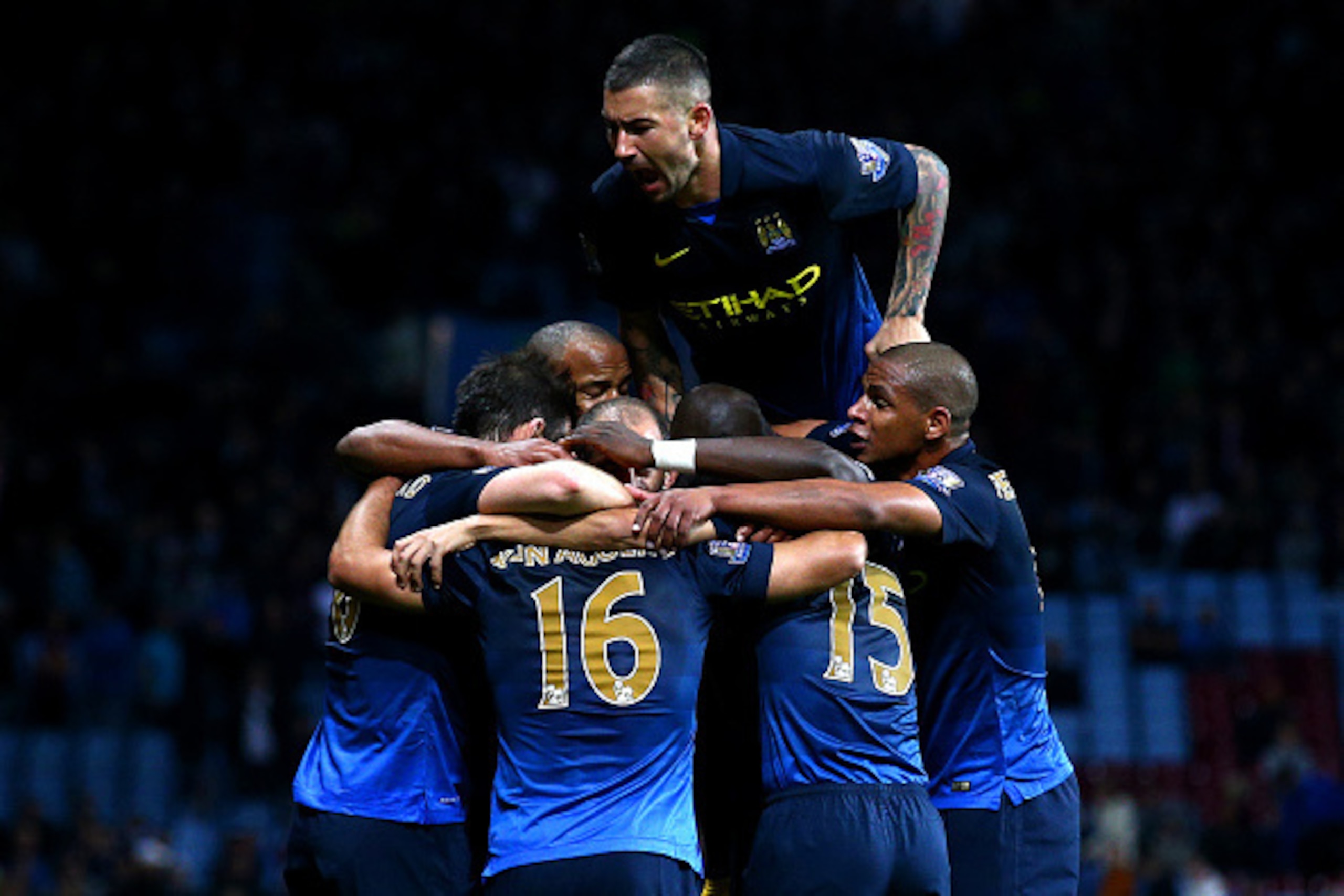 BIRMINGHAM, ENGLAND - OCTOBER 04:  Sergio Aguero of Manchester City celebrates with team-mates after scoring their second goal during the Barclays Premier League match between Aston Villa and Manchester City at Villa Park on October 4, 2014 in Birmingham,