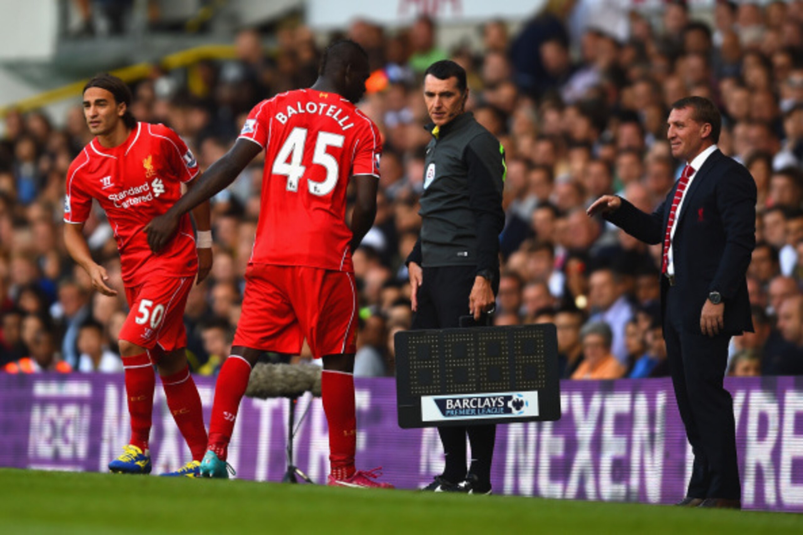 LONDON, ENGLAND - AUGUST 31:  Brendan Rodgers, manager of Liverpool looks on as Lazar Markovic of Liverpool replaces Mario Balotelli of Liverpool during the Barclays Premier League match between Tottenham Hotspur and Liverpool at White Hart Lane on August