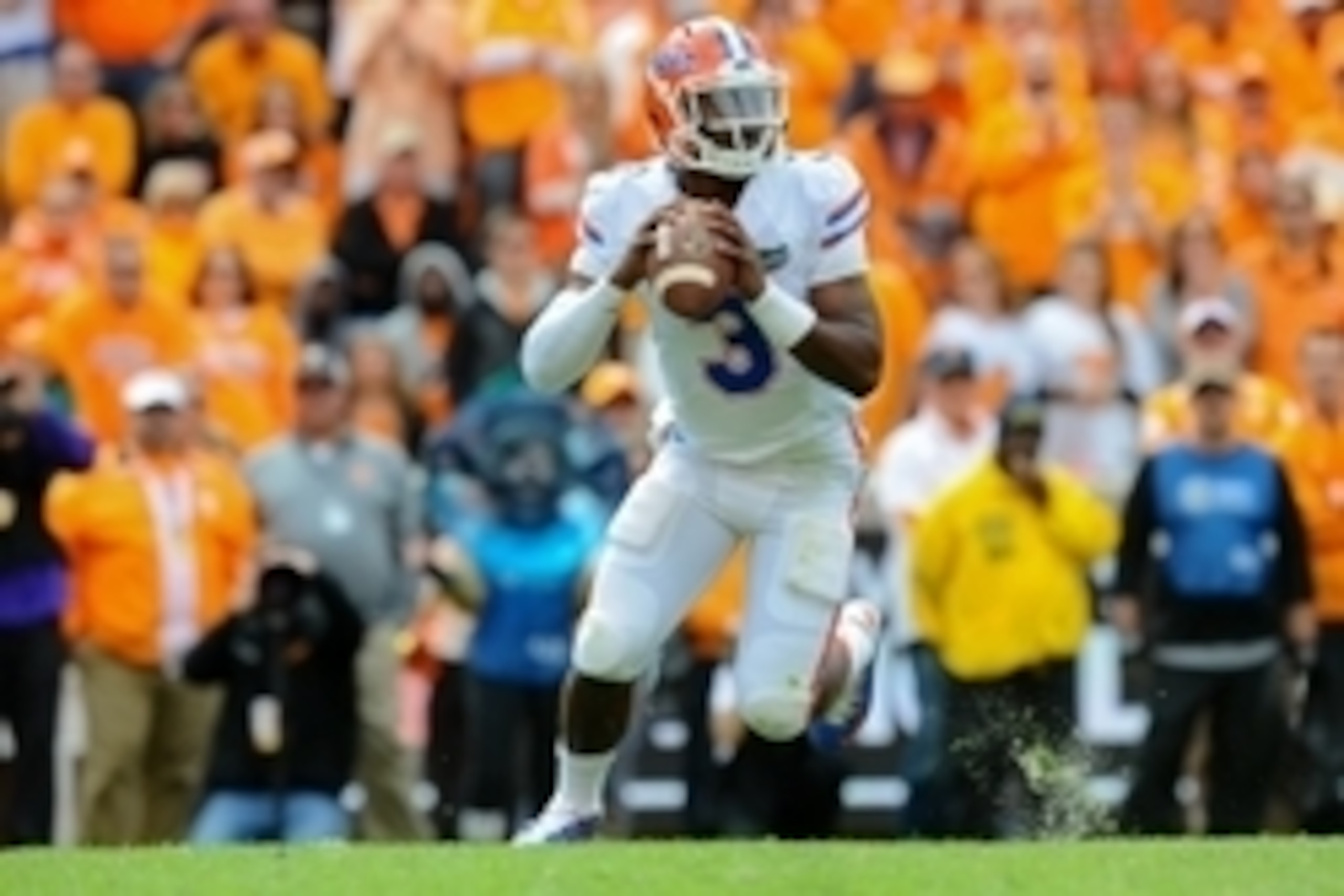 Oct 4, 2014; Knoxville, TN, USA; Florida Gators quarterback Treon Harris (3) prepares to throw the ball during the fourth quarter against the Tennessee Volunteers at Neyland Stadium. The Gators won 10-9 Mandatory Credit: Randy Sartin-USA TODAY Sports