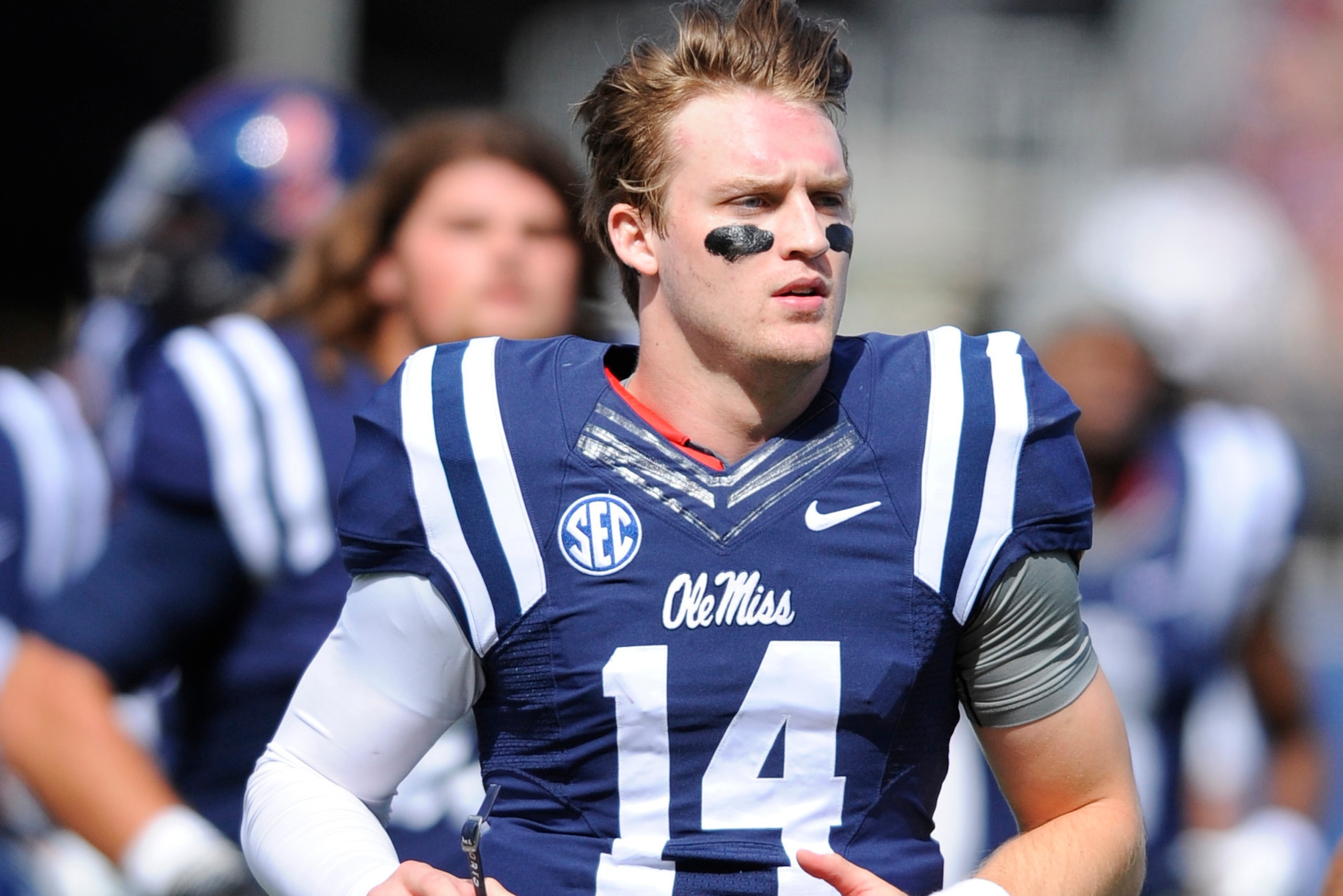 Oct 4, 2014; Oxford, MS, USA; Mississippi Rebels quarterback Bo Wallace (14) prior to the game against Alabama Crimson Tide at Vaught-Hemingway Stadium. Mandatory Credit: Christopher Hanewinckel-USA TODAY Sports