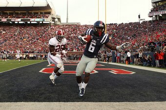 OXFORD, MS - OCTOBER 4: Jaylen Walton #6 of the Ole Miss Rebels catches a touchdown pass against Landon Collins #26 of the Alabama Crimson Tide on OCTOBER 4, 2014 at Vaught-Hemingway Stadium in Oxford, Mississippi. Mississippi beat Alabama 23-17. (Photo b