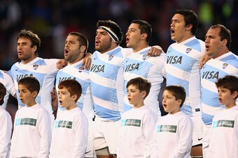 MENDOZA, ARGENTINA - OCTOBER 04: The Pumas sing the Argentinian national anthem during The Rugby Championship match between Argentina and the Australian Wallabies at Estadio Malvinas Argentinas on October 4, 2014 in Mendoza, Argentina.  (Photo by Cameron 