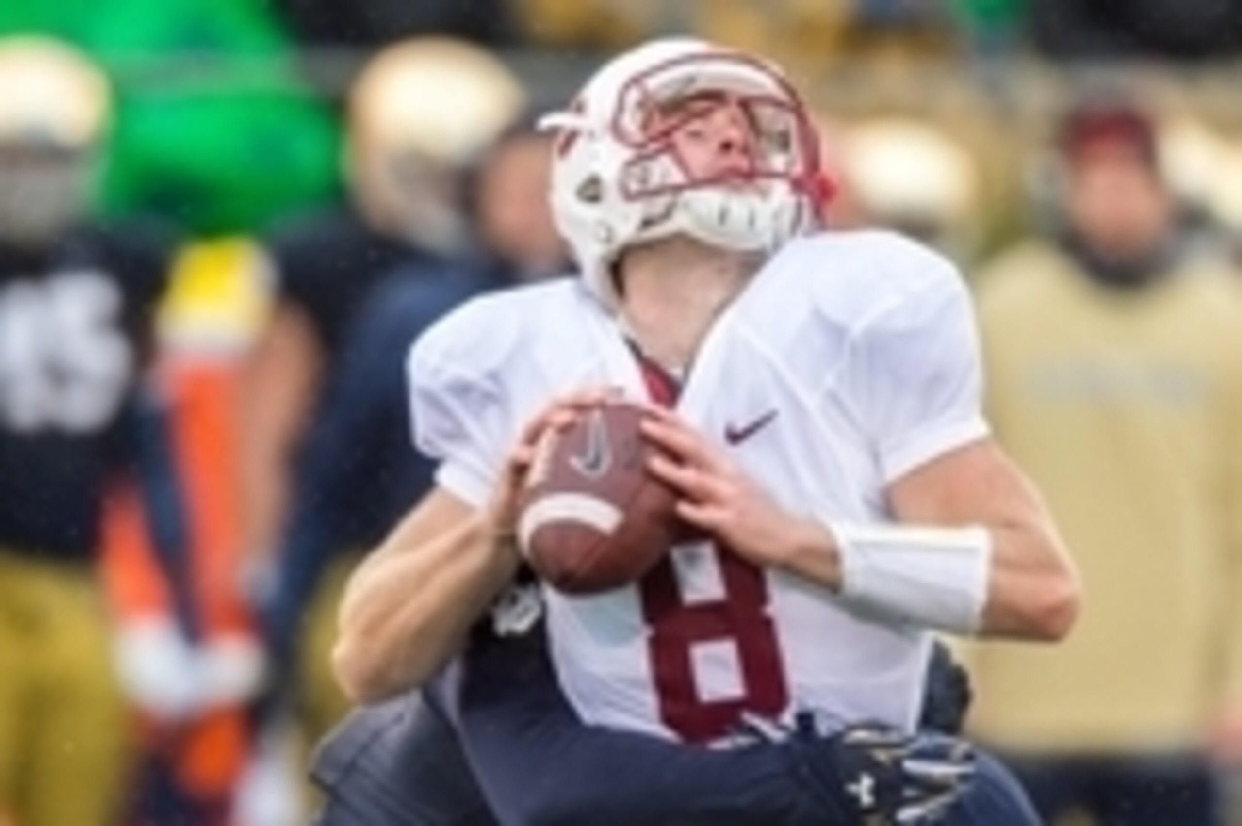 Oct 4, 2014; South Bend, IN, USA; Stanford Cardinal quarterback Kevin Hogan (8) is sacked by Notre Dame Fighting Irish defensive lineman Andrew Trumbetti (98) in the third quarter at Notre Dame Stadium. Notre Dame won 17-14. Mandatory Credit: Matt Cashore