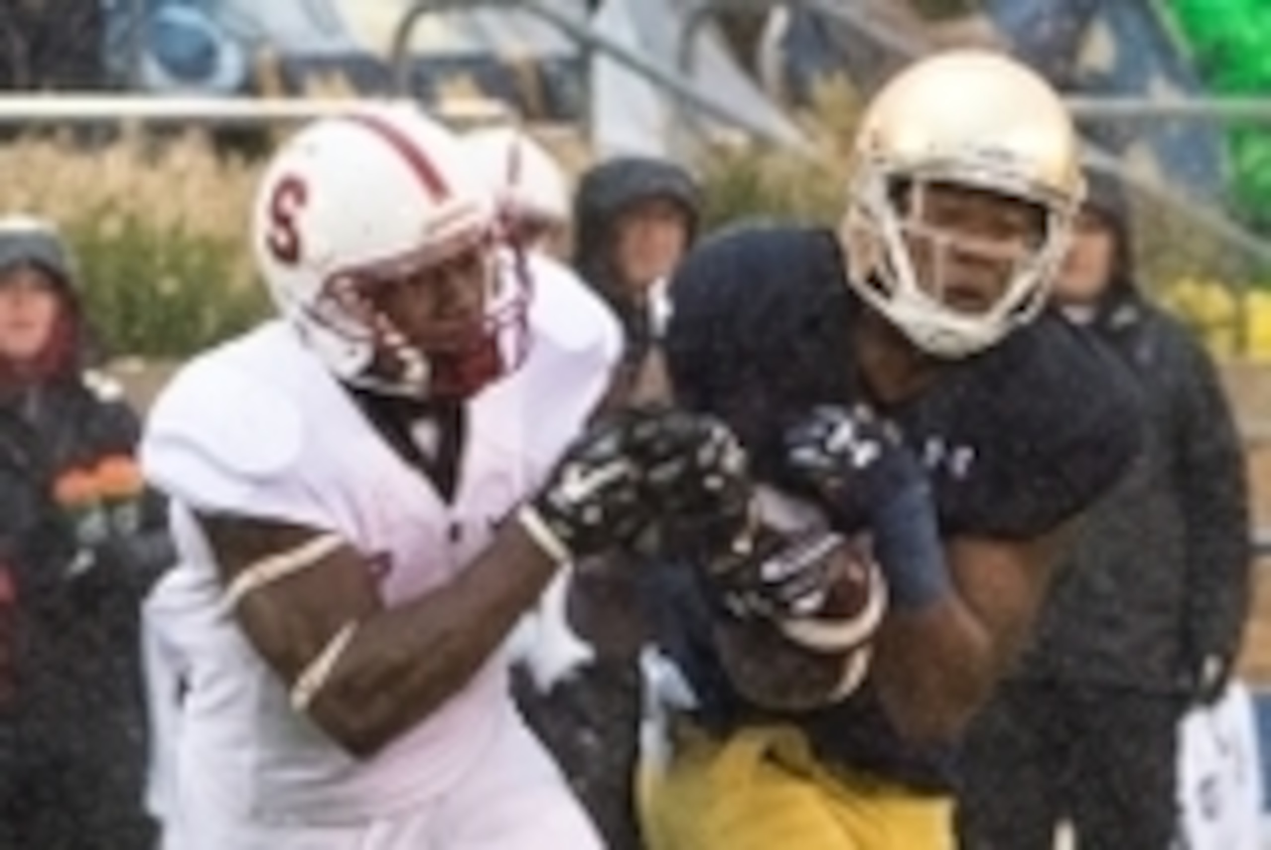 Oct 4, 2014; South Bend, IN, USA; Notre Dame Fighting Irish cornerback Cole Luke (36) intercepts a pass intended for Stanford Cardinal wide receiver Ty Montgomery (7) in the fourth quarter at Notre Dame Stadium. Notre Dame won 17-14. Mandatory Credit: Mat