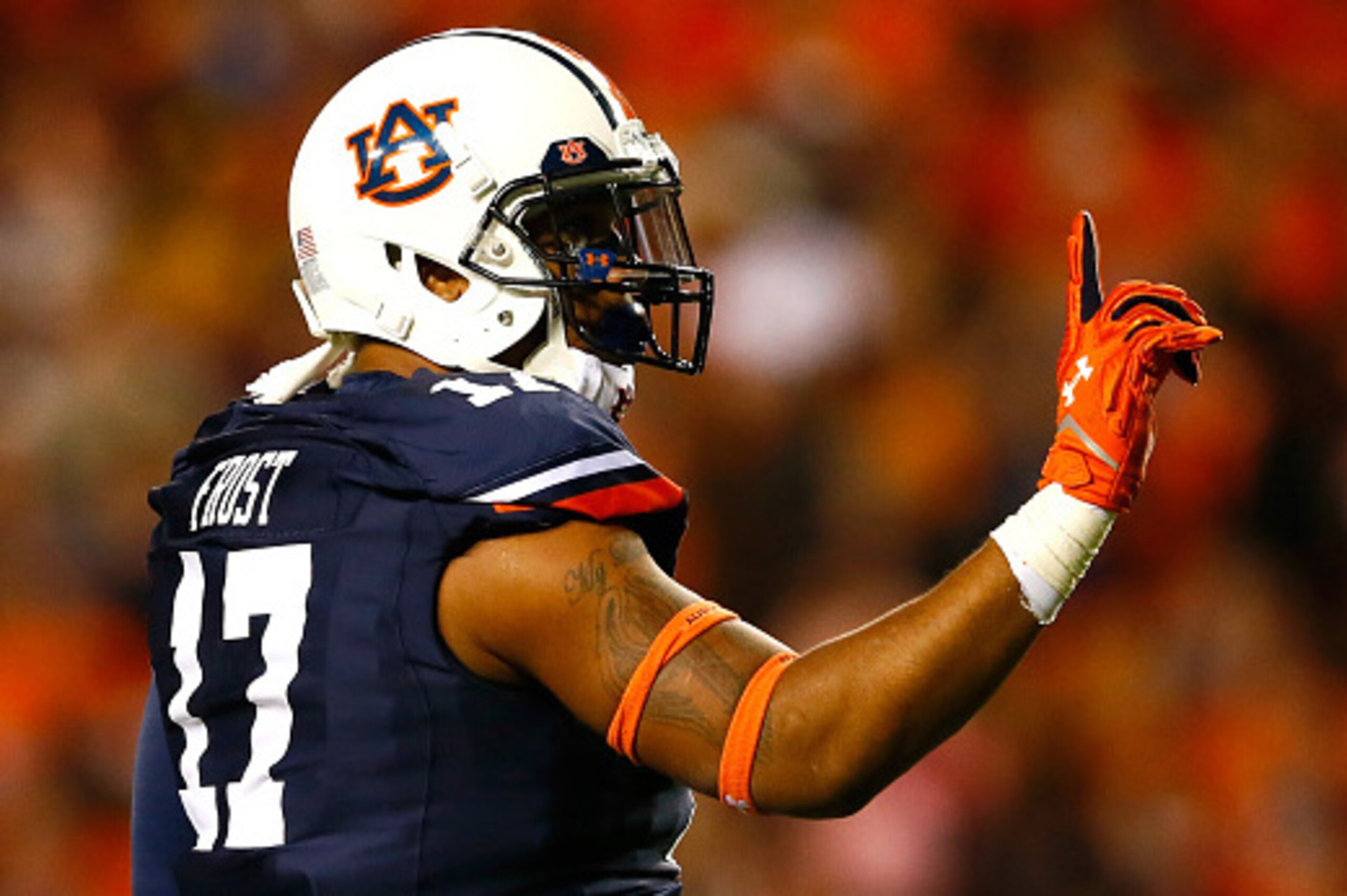 AUBURN, AL - OCTOBER 04:  Kris Frost #17 of the Auburn Tigers reacts after a defensive stop against the LSU Tigers at Jordan Hare Stadium on October 4, 2014 in Auburn, Alabama.  (Photo by Kevin C. Cox/Getty Images)