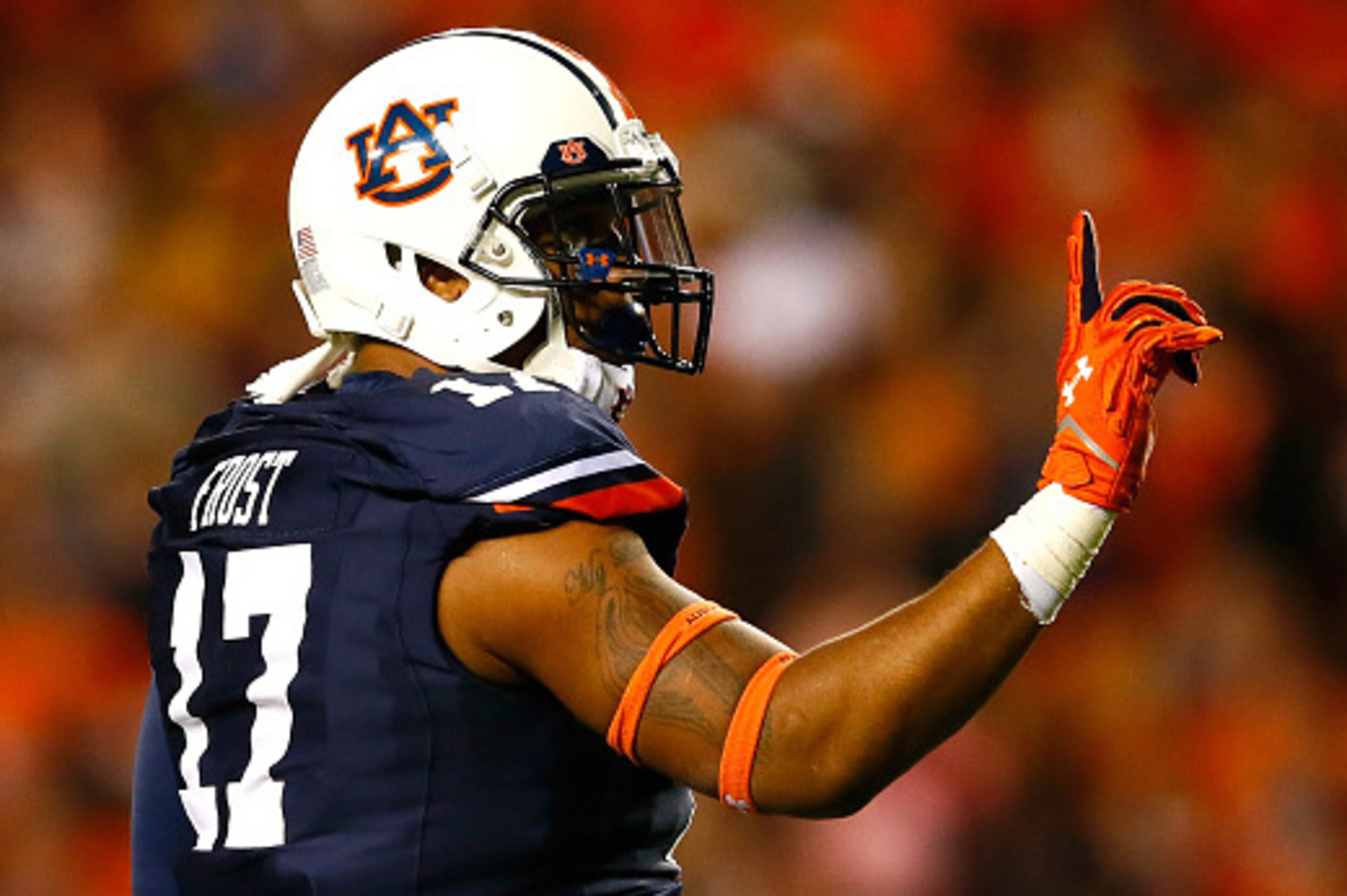 AUBURN, AL - OCTOBER 04:  Kris Frost #17 of the Auburn Tigers reacts after a defensive stop against the LSU Tigers at Jordan Hare Stadium on October 4, 2014 in Auburn, Alabama.  (Photo by Kevin C. Cox/Getty Images)