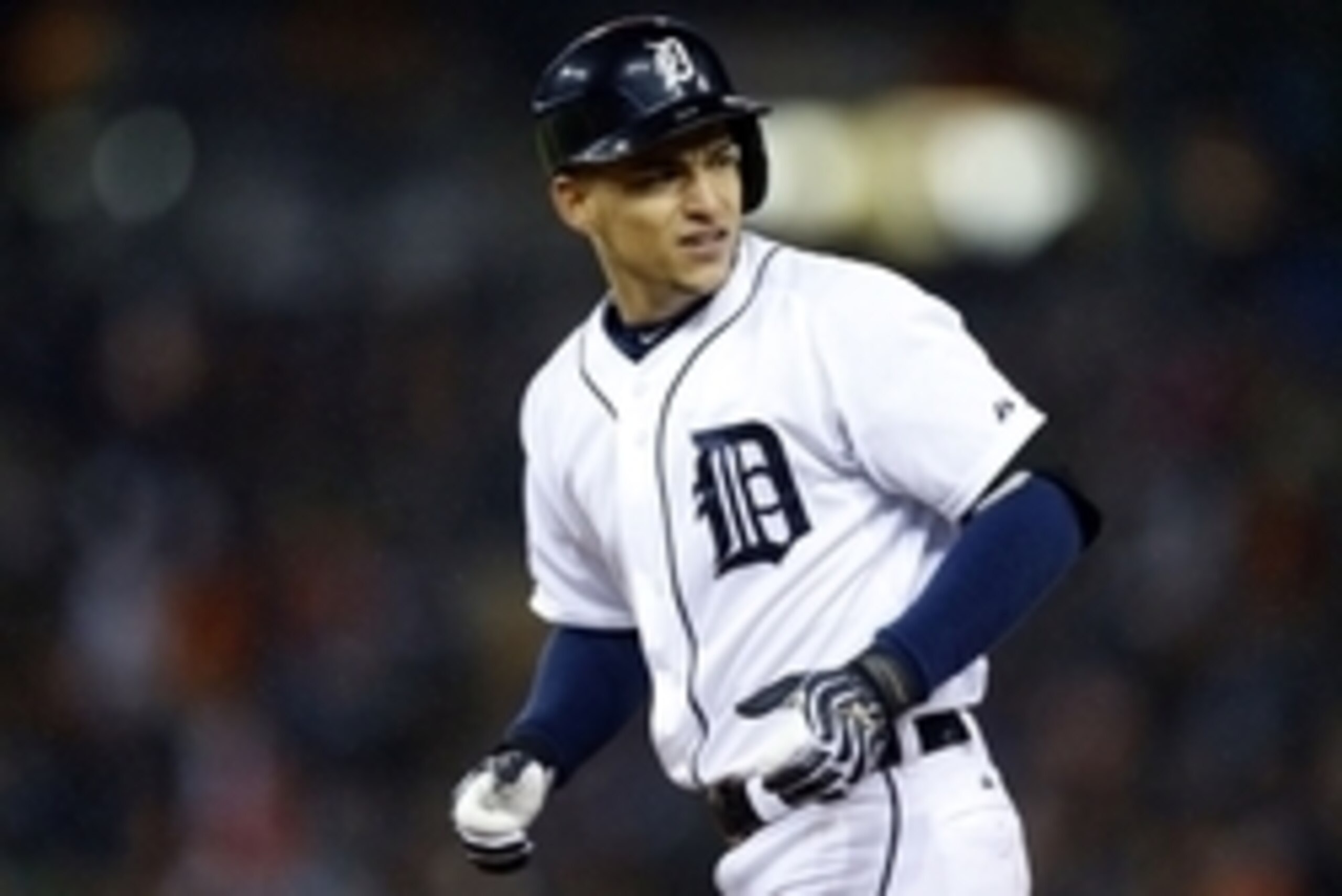 Oct 17, 2013; Detroit, MI, USA; Detroit Tigers shortstop Jose Iglesias (1) reacts after being called out at first base against the Boston Red Sox during the fifth inning in game five of the American League Championship Series baseball game at Comerica Par