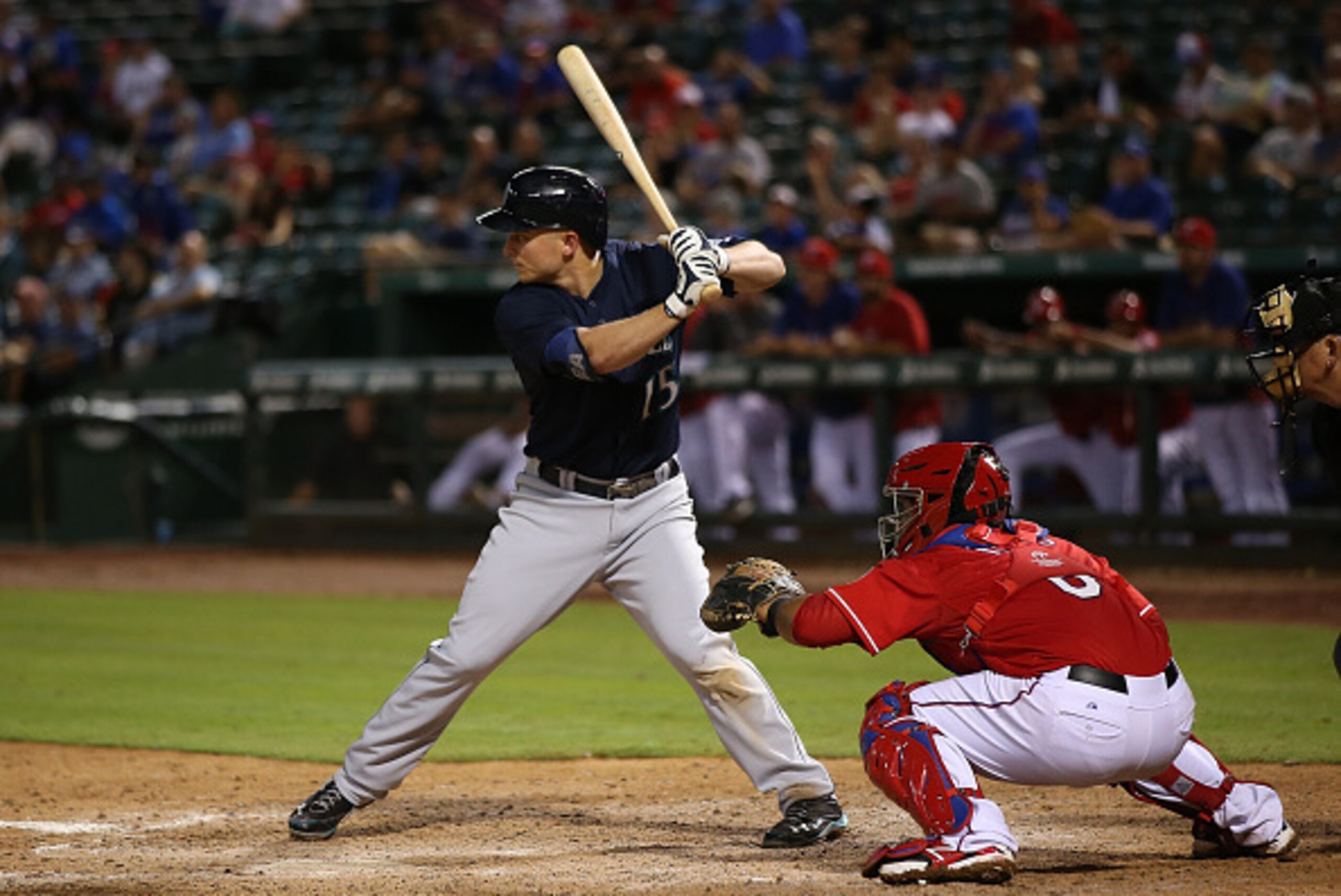 ARLINGTON, TX - SEPTEMBER 6: Tomas Telis #6 of the Texas Rangers waits for the pitch against Kyle Seager #15 of the Seattle Mariners in the ninth inning at Globe Life Park in Arlington on September 6, 2014 in Arlington, Texas.  (Photo by Rick Yeatts/Getty