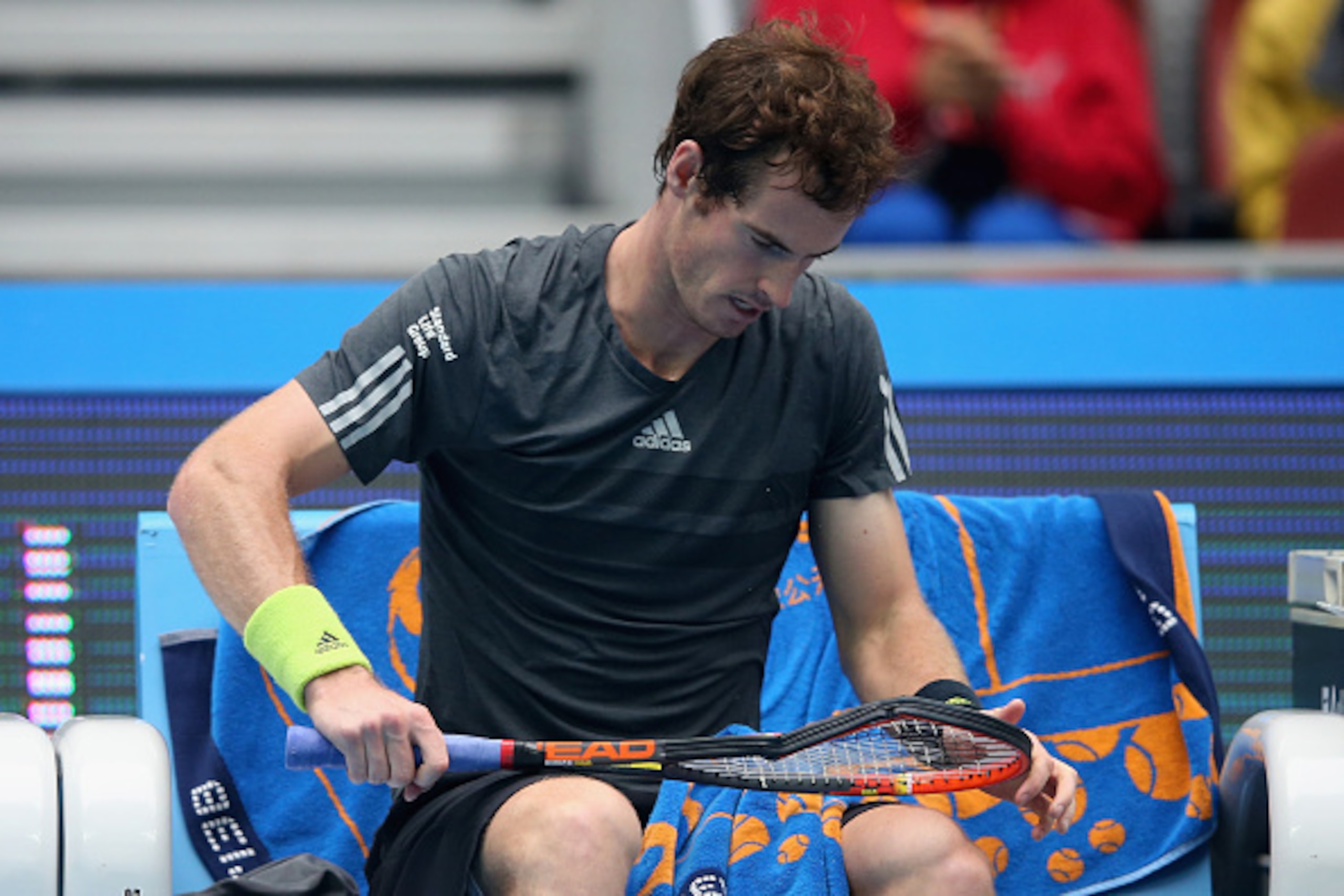 BEIJING, CHINA - OCTOBER 04: Andy Murray of Great Britain threws the racket during his semifinal match against Novak Djokovic of Serbia during day eight of the China Open at the China National Tennis Center on October 4, 2014 in Beijing, China. (Photo b BEIJING, CHINA - OCTOBER 04: Andy Murray of Great Britain threws the racket during his semifinal match against Novak Djokovic of Serbia during day eight of the China Open at the China National Tennis Center on October 4, 2014 in Beijing, China. (Photo b