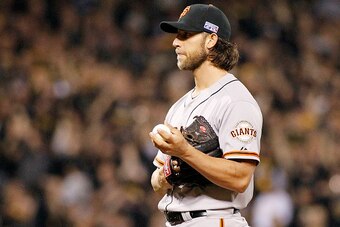 PITTSBURGH, PA - OCTOBER 01:  Madison Bumgarner #40 of the San Francisco Giants pitches against the Pittsburgh Pirates during the National League Wild Card game at PNC Park on October 1, 2014 in Pittsburgh, Pennsylvania.  (Photo by Justin K. Aller/Getty I