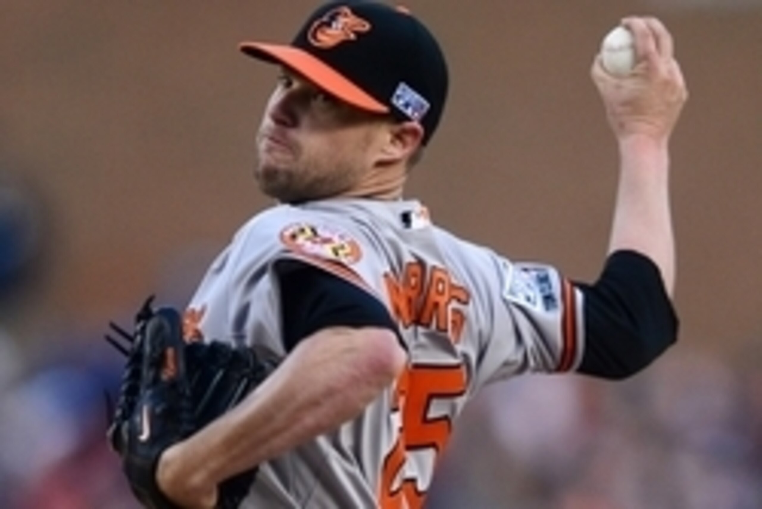 Oct 5, 2014; Detroit, MI, USA; Baltimore Orioles starting pitcher Bud Norris (25) pitches against the Detroit Tigers during the seventh inning in game three of the 2014 ALDS baseball playoff game at Comerica Park. Mandatory Credit: Andrew Weber-USA TODAY 