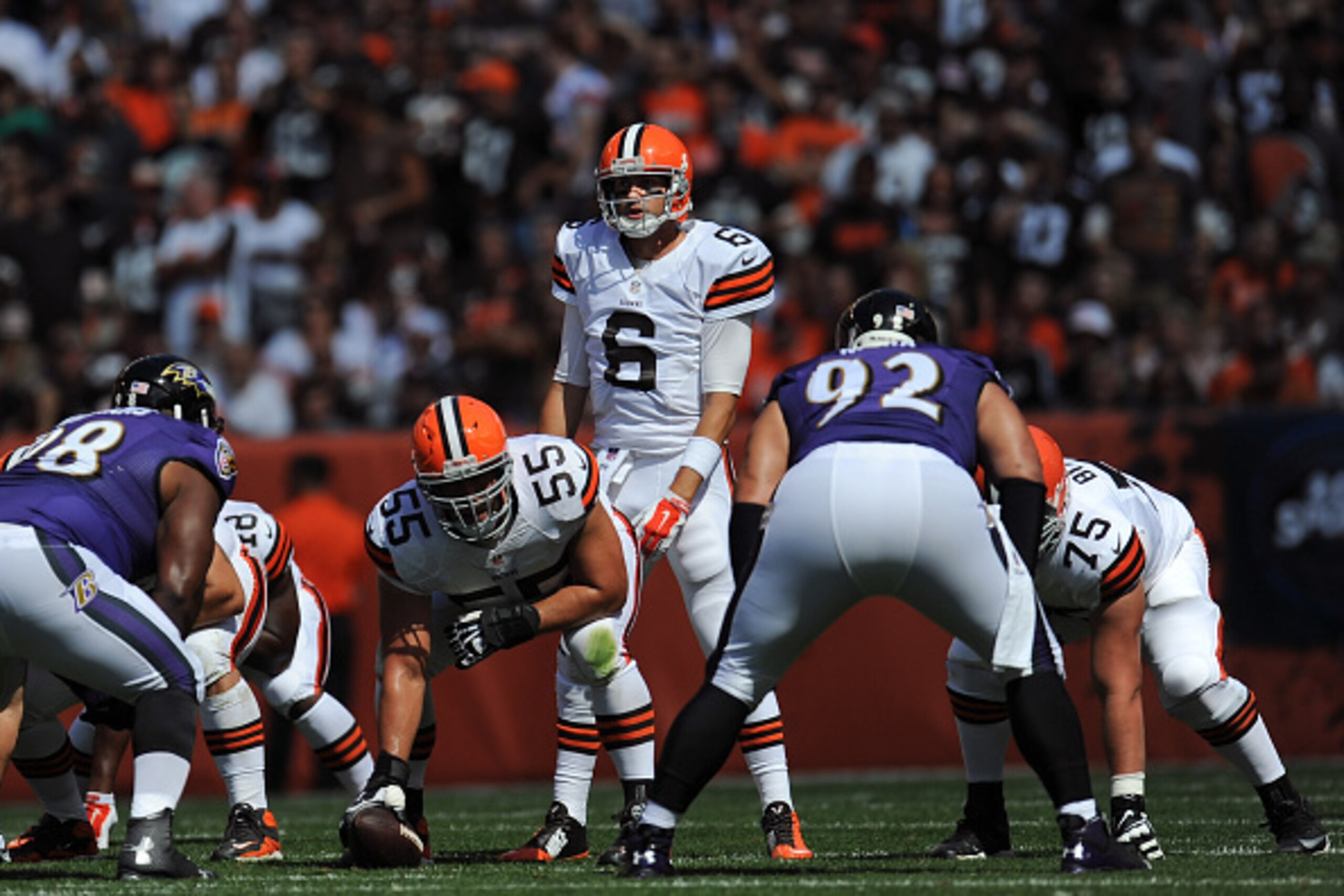 CLEVELAND, OH - SEPTEMBER 21:Brian Hoyer #6 of the Cleveland Browns surveys the field between plays during the game against the Baltimore Ravens at FirstEnergy Stadium on September 21, 2014 in Cleveland, Ohio. The Ravens defeat the Browns 23-21. (Photo by
