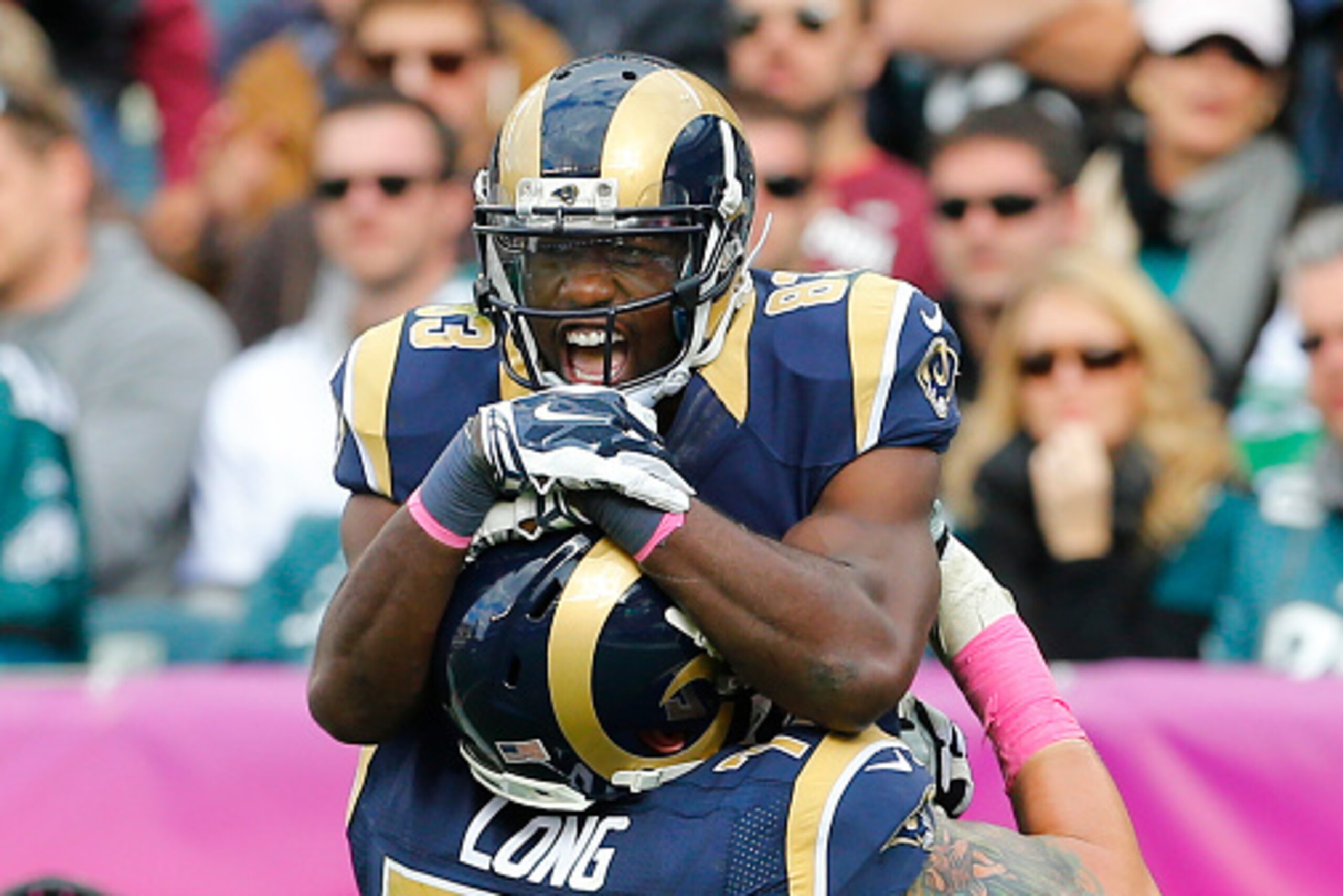 PHILADELPHIA, PA - OCTOBER 5: Wide receiver Brian Quick #83 of the St. Louis Rams reacts with offensive lineman Jake Long #77 after scoring a touchdown in the fourth quarter on October 5, 2014 at Lincoln Financial Field in Philadelphia, Pennsylvania. The 