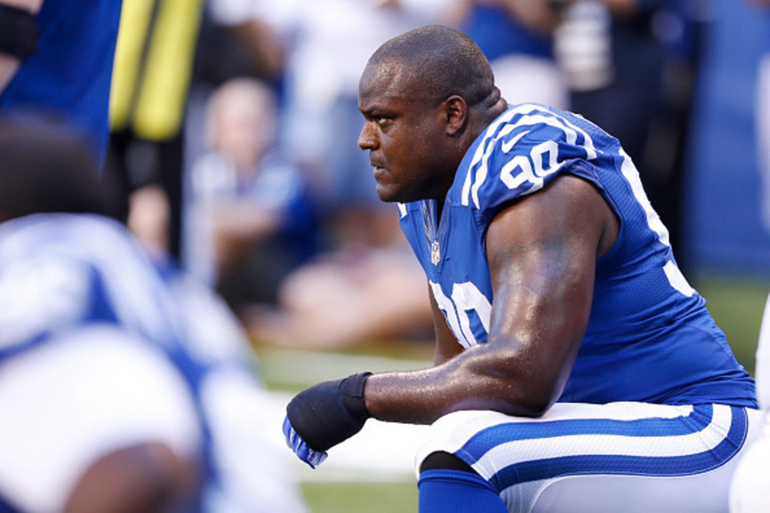 INDIANAPOLIS, IN - SEPTEMBER 28: Cory Redding #90 of the Indianapolis Colts gets ready before the game against the Tennessee Titans at Lucas Oil Stadium on September 28, 2014 in Indianapolis, Indiana. (Photo by Joe Robbins/Getty Images)