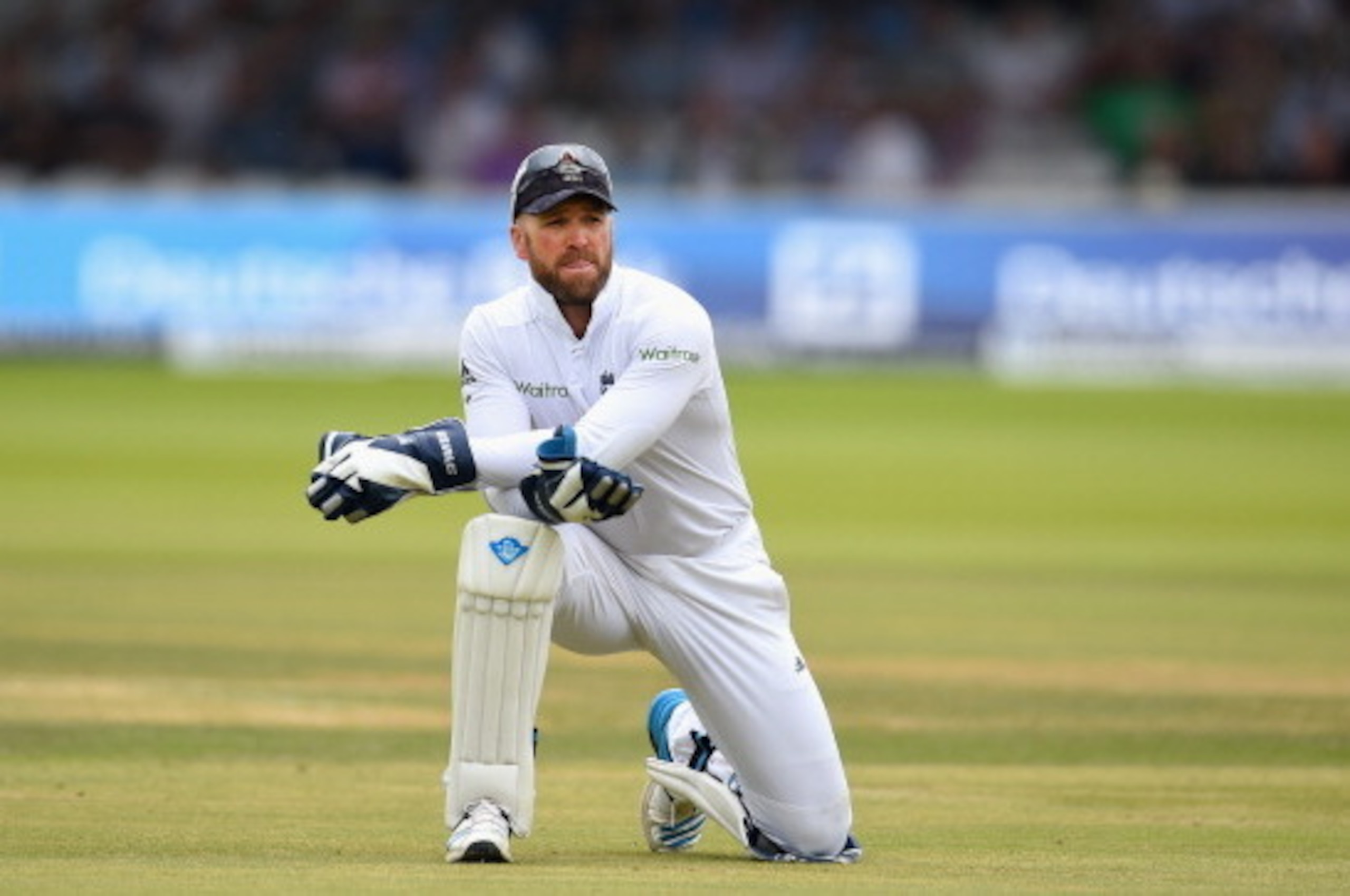 LONDON, ENGLAND - JULY 20:  England wicketkeeper Matt Prior looks on after conceding four byes during day four of 2nd Investec Test match between England and India at Lord's Cricket Ground on July 20, 2014 in London, United Kingdom.  (Photo by Stu Forster