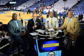 OKLAHOMA CITY, OK - MAY 27: TNT Analysts, Shaquille O'Neal, Ernie Johnson, Kenny Smith, and Charles Barkley before Game Four of the Western Conference Finals between the Oklahoma City Thunder and the San Antonio Spurs during the 2014 NBA Playoffs on May 2