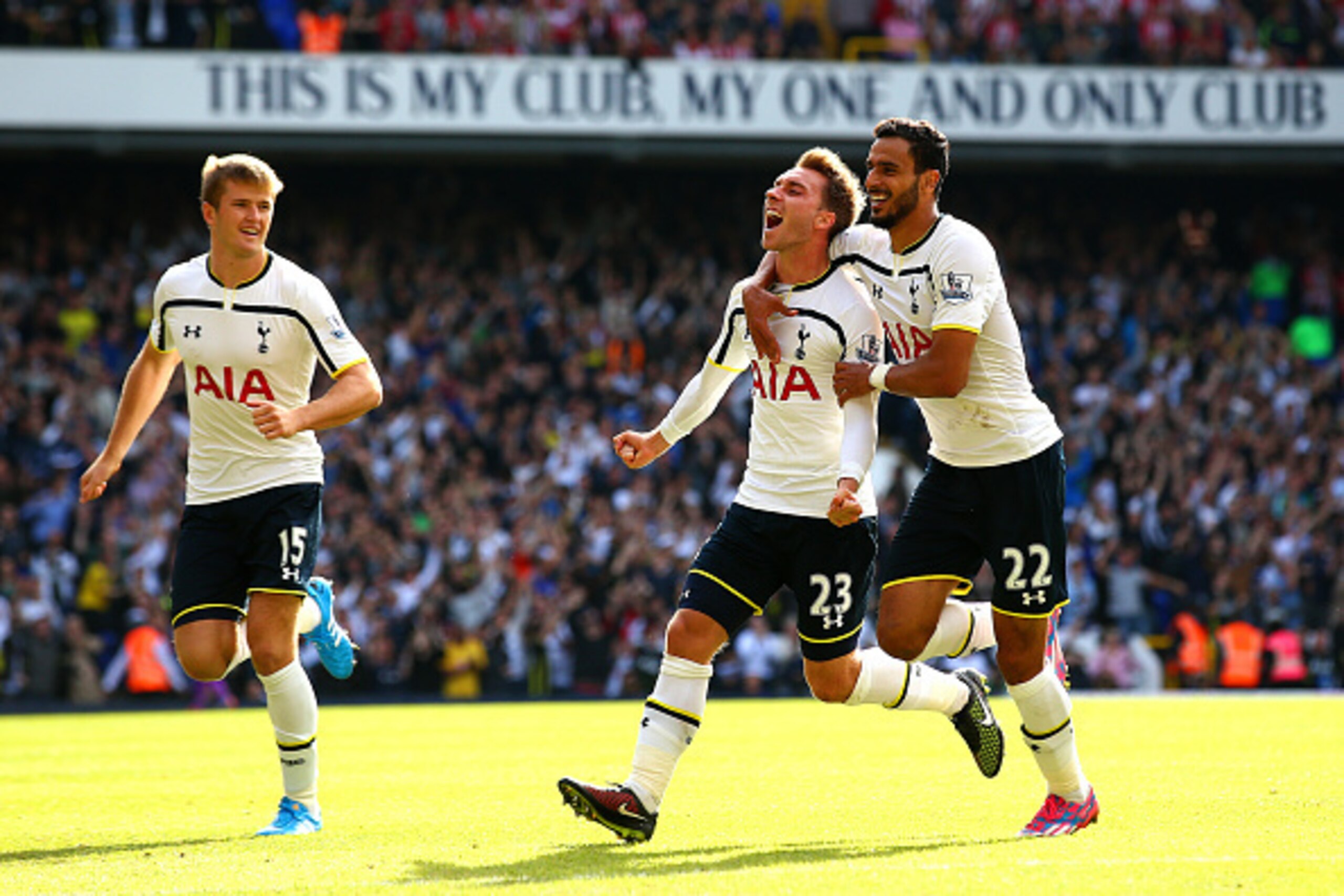 LONDON, ENGLAND - OCTOBER 05: Christian Eriksen of Spurs celebrates with team-mates Nacer Chadli and Eric Dier after scoring the opening goal during the Barclays Premier League match between Tottenham Hotspur and Southampton at White Hart Lane on October LONDON, ENGLAND - OCTOBER 05: Christian Eriksen of Spurs celebrates with team-mates Nacer Chadli and Eric Dier after scoring the opening goal during the Barclays Premier League match between Tottenham Hotspur and Southampton at White Hart Lane on October