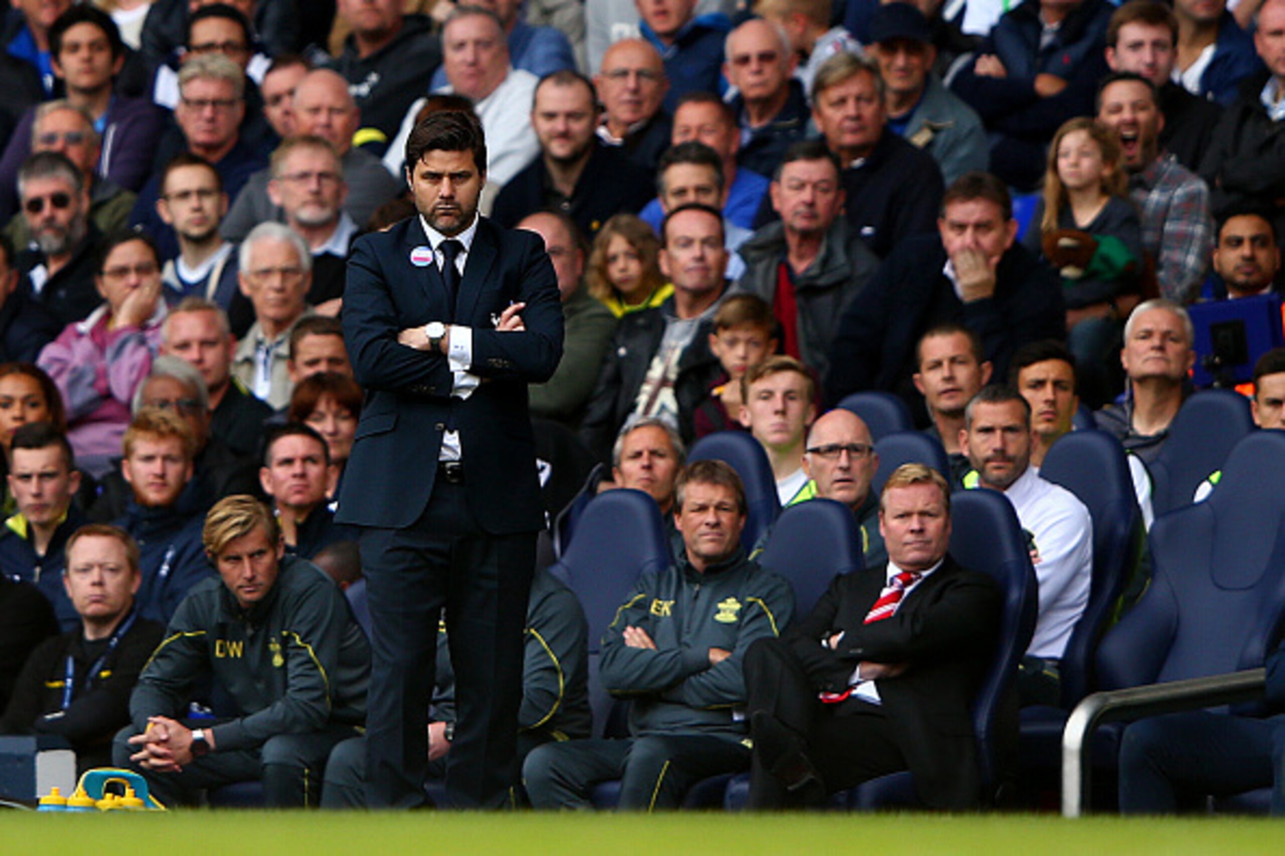 LONDON, ENGLAND - OCTOBER 05: Manager Mauricio Pochettino of Spurs and Ronald Koeman, manager of Southampton watch the action during the Barclays Premier League match between Tottenham Hotspur and Southampton at White Hart Lane on October 5, 2014 in Lond LONDON, ENGLAND - OCTOBER 05: Manager Mauricio Pochettino of Spurs and Ronald Koeman, manager of Southampton watch the action during the Barclays Premier League match between Tottenham Hotspur and Southampton at White Hart Lane on October 5, 2014 in Lond