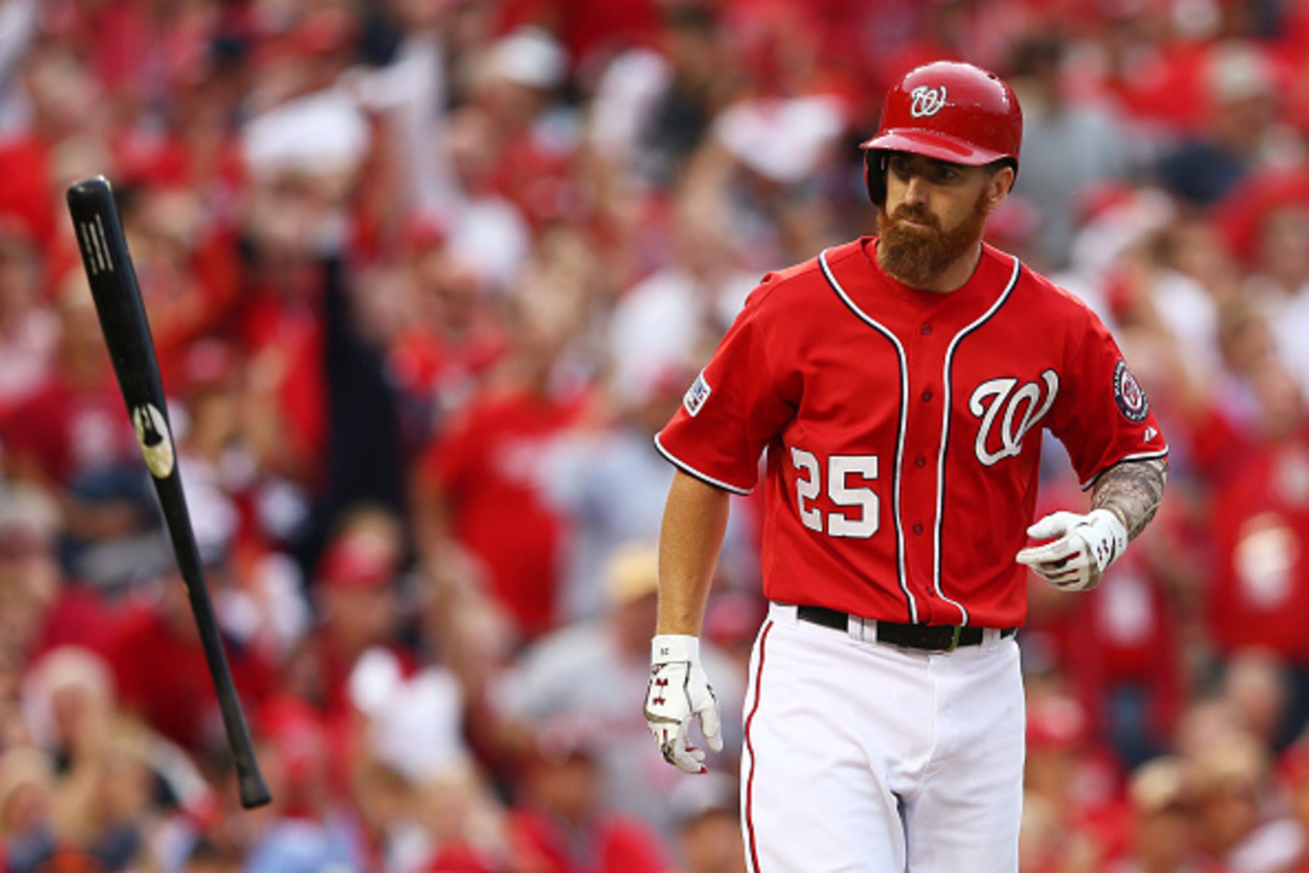 WASHINGTON, DC - OCTOBER 03:  Adam LaRoche #25 of the Washington Nationals is walked to load the bases in the sixth inning against the San Francisco Giants during Game One of the National League Division Series at Nationals Park on October 3, 2014 in Wash