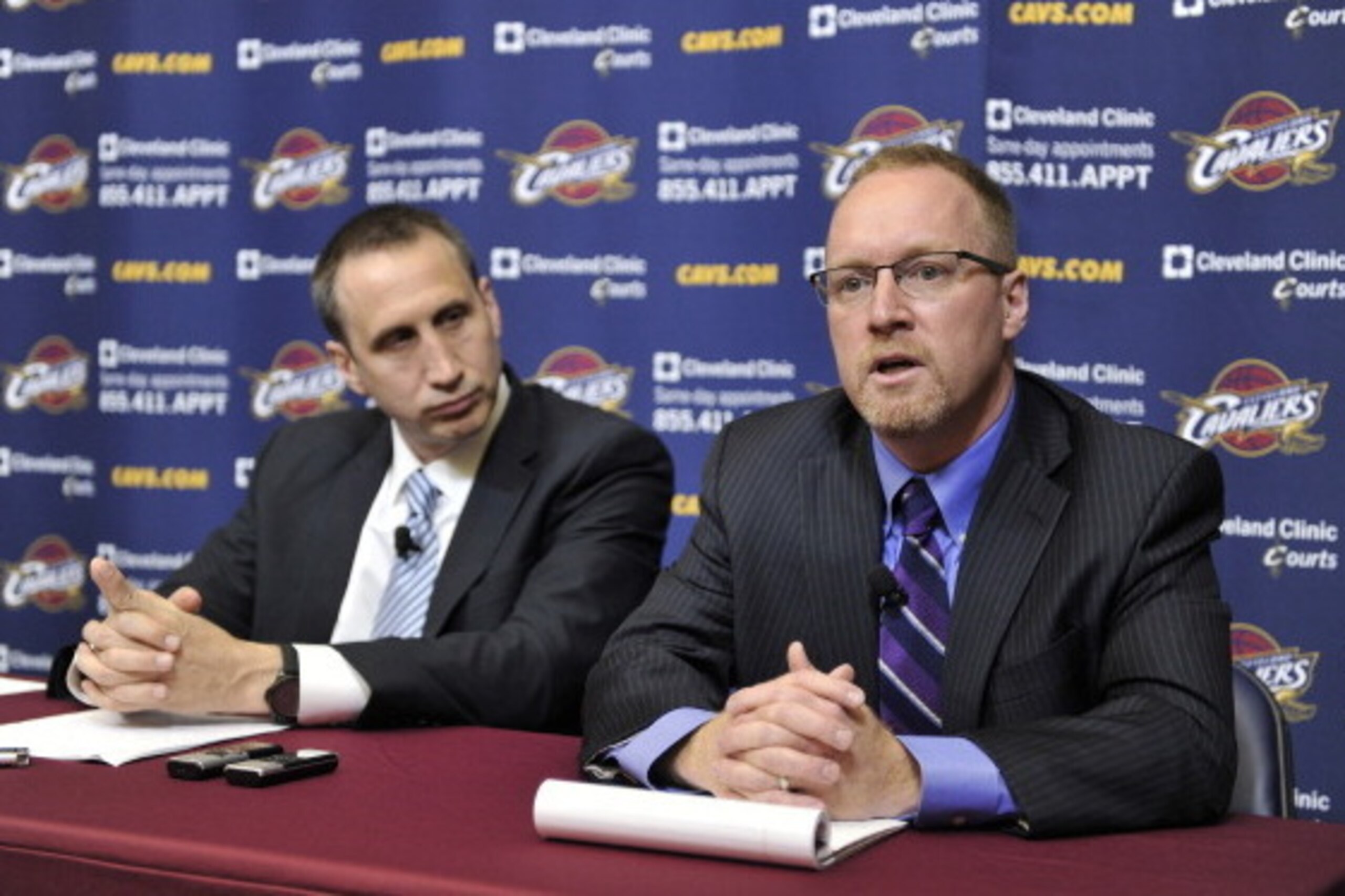 INDEPENDENCE, OH - JUNE 25:  David Blatt addresses the media as he is named Head Coach of the Cleveland Cavaliers alongside General Manager David Griffin at a press conference at The Cleveland Clinic Courts on June 25, 2014 in Independence, Ohio. NOTE TO 