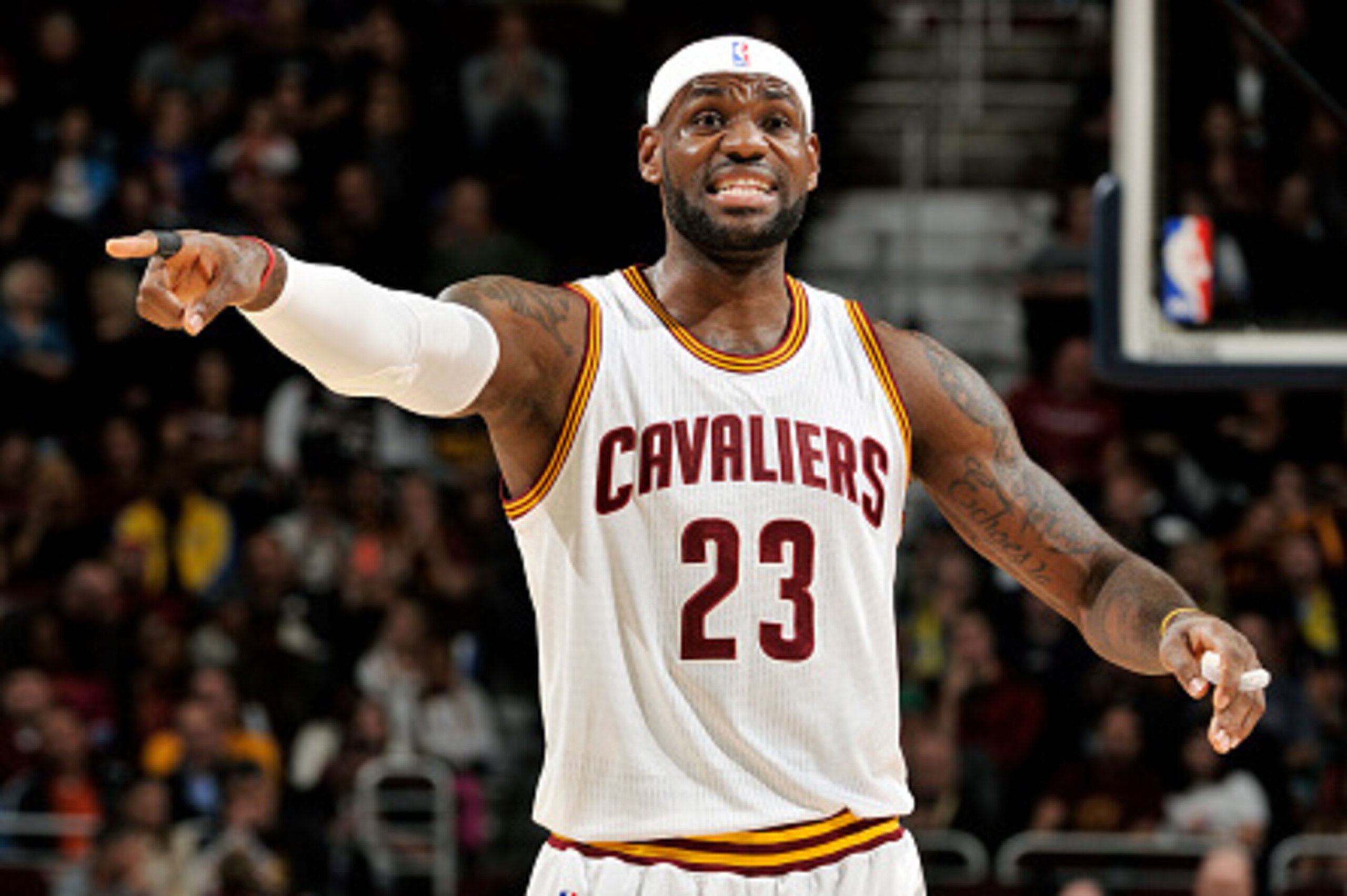 CLEVELAND, OH - OCTOBER 5:  LeBron James #23 of the Cleveland Cavaliers calls out to his teammates in the game against the Maccabi Tel Aviv at The Quicken Loans Arena on October 16, 2014 in Cleveland, Ohio. NOTE TO USER: User expressly acknowledges and ag