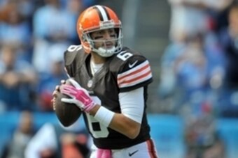 Oct 5, 2014; Nashville, TN, USA; Cleveland Browns quarterback Brian Hoyer (6) looks to pass against the Tennessee Titans during the first half at LP Field. Mandatory Credit: Jim Brown-USA TODAY Sports