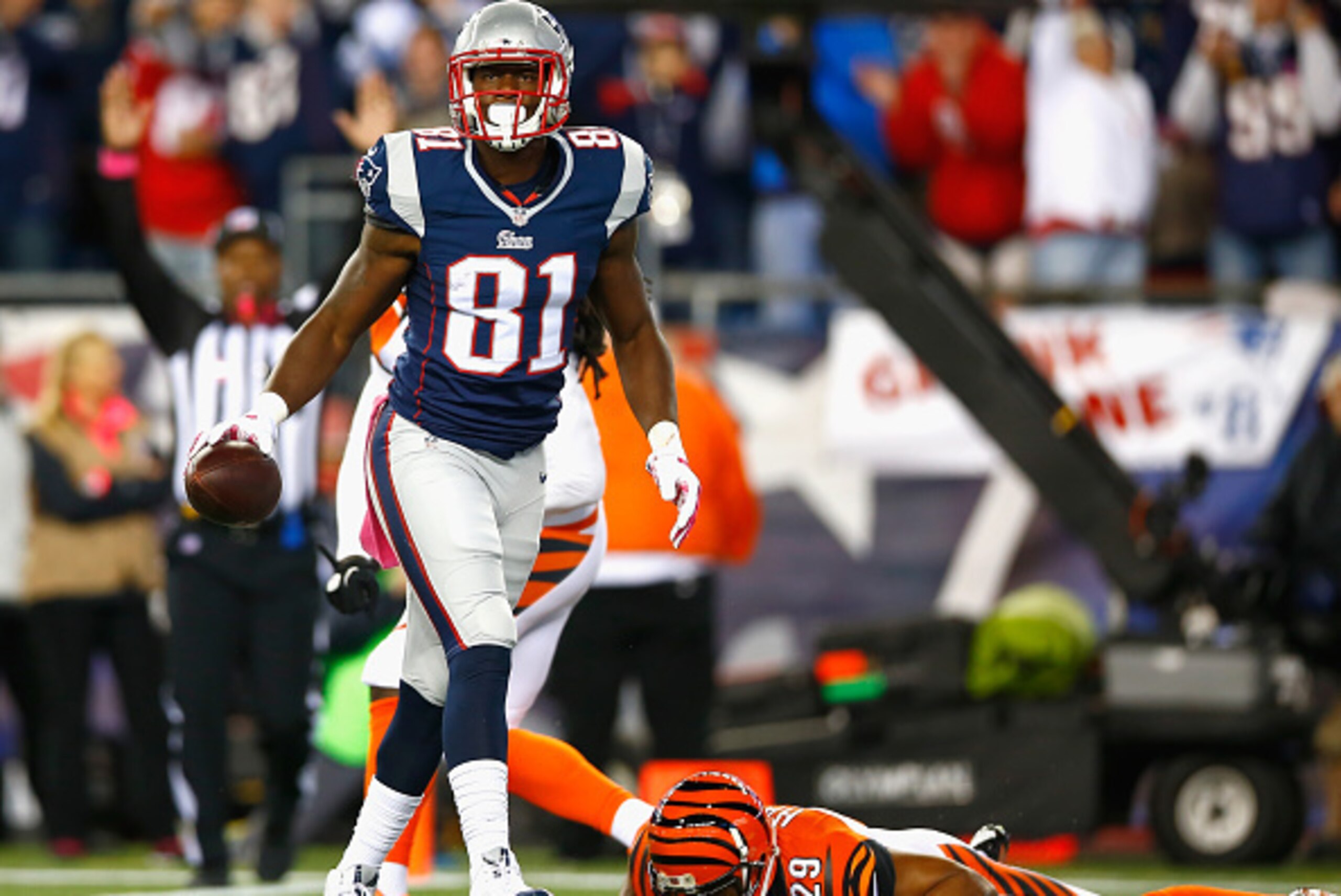 FOXBORO, MA - OCTOBER 05:  Tim Wright #81 of the New England Patriots celebrates after scoring a touchdown during the first quarter against the Cincinnati Bengals at Gillette Stadium on October 5, 2014 in Foxboro, Massachusetts.  (Photo by Jared Wickerham