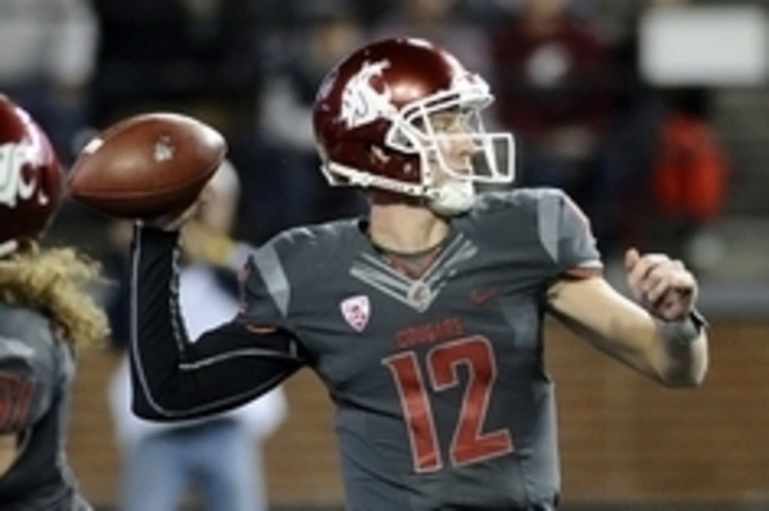 Oct 4, 2014; Pullman, WA, USA; Washington State Cougars quarterback Connor Halliday (12) drops back for a pass against the California Golden Bears during the first half at Martin Stadium. Mandatory Credit: James Snook-USA TODAY Sports