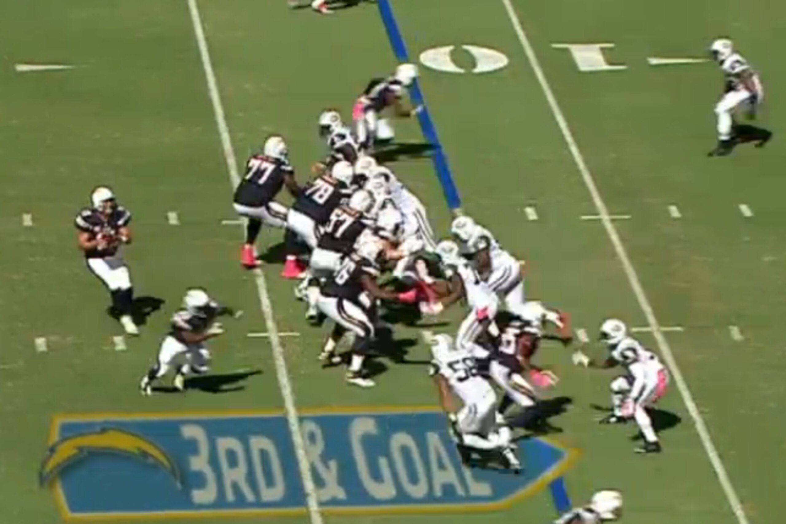 King Dunlap (No. 77) doesn't fire off the snap quickly enough, leaving him vulnerable to a speed rush. King Dunlap (No. 77) doesn't fire off the snap quickly enough, leaving him vulnerable to a speed rush.