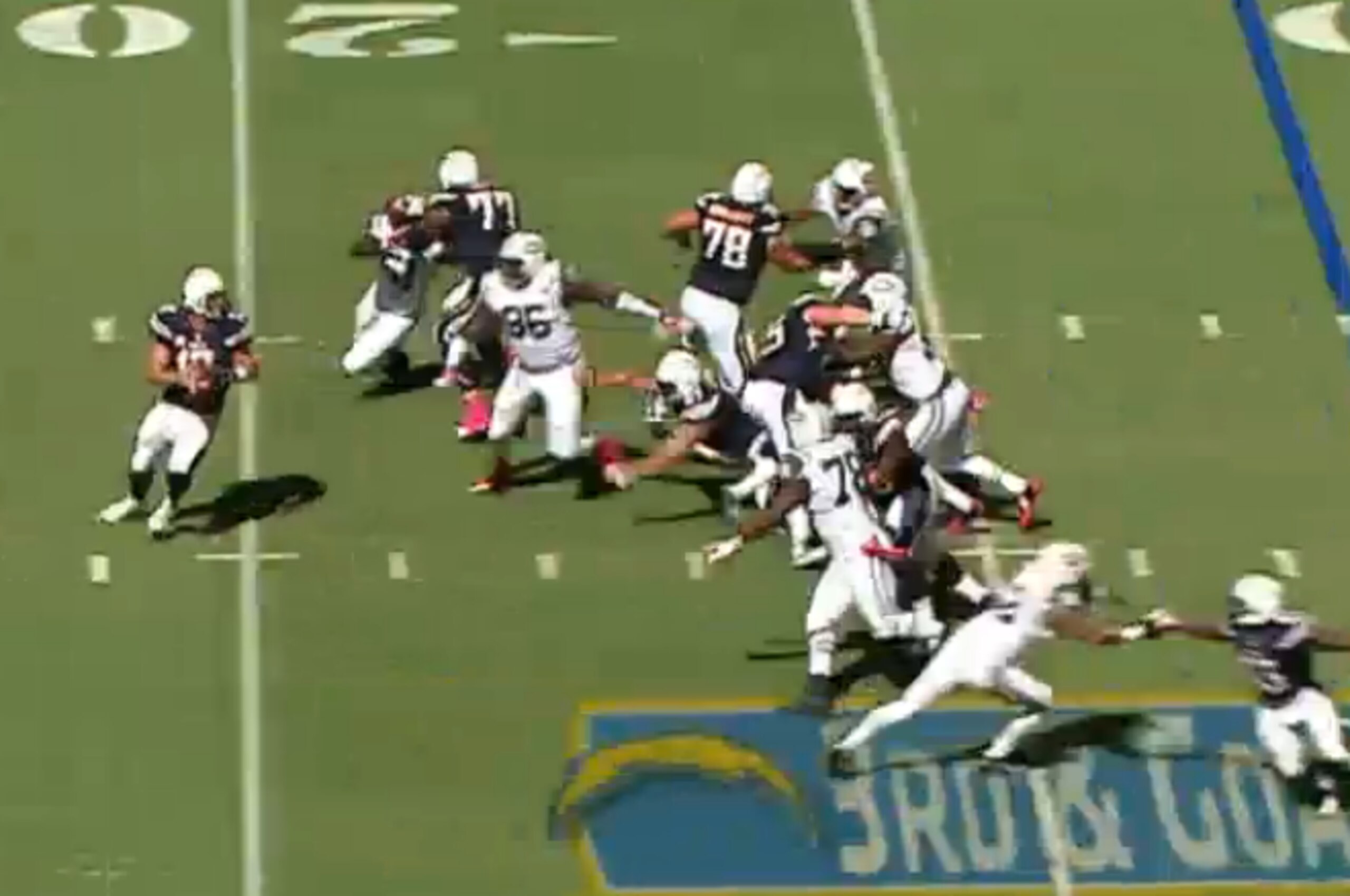 The defender gets under Dunlap, allowing him to rip through the protection. The defender gets under Dunlap, allowing him to rip through the protection.