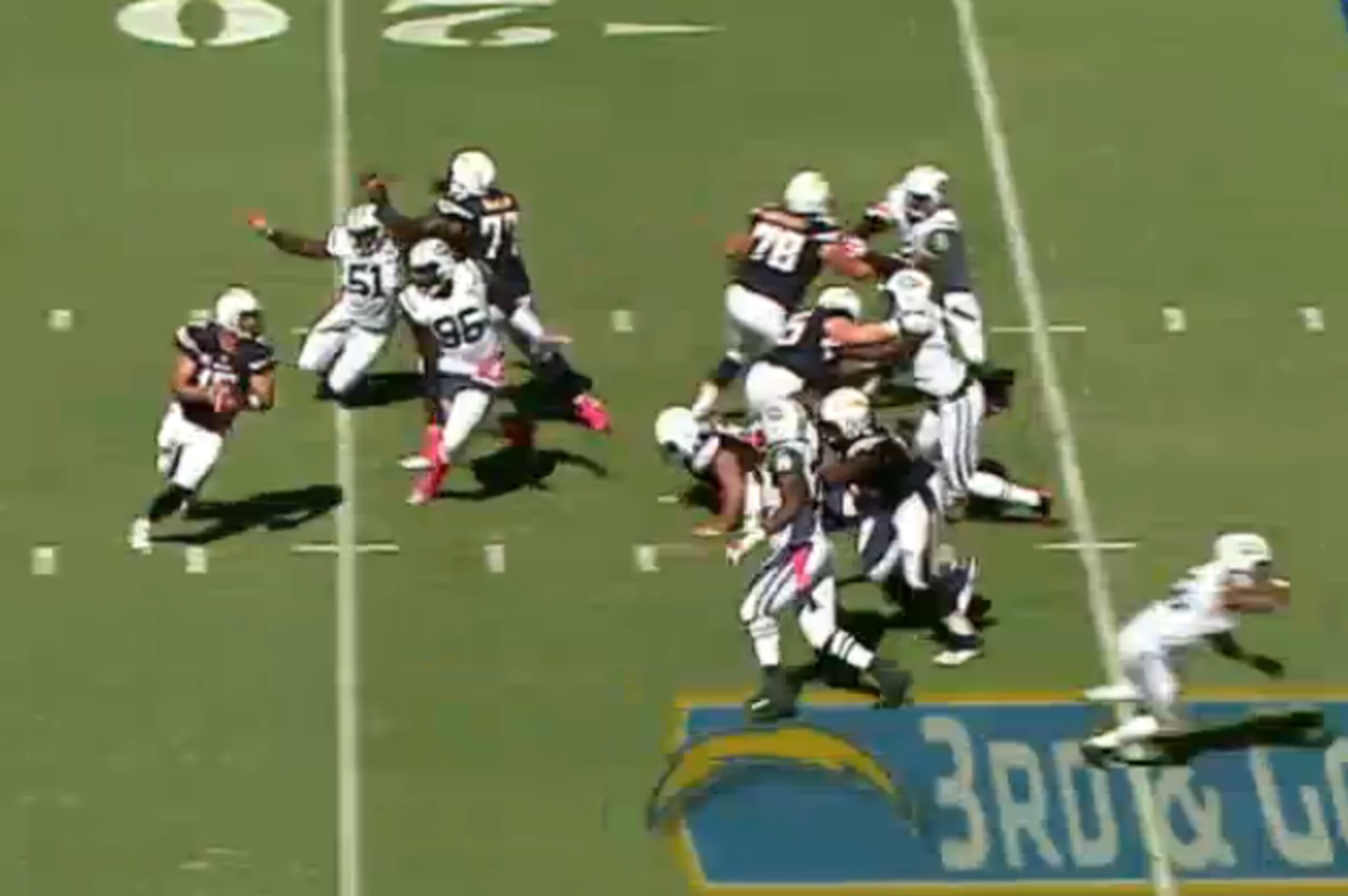 Rivers rolled out to his right due to the Jets' pressure. Rivers rolled out to his right due to the Jets' pressure.
