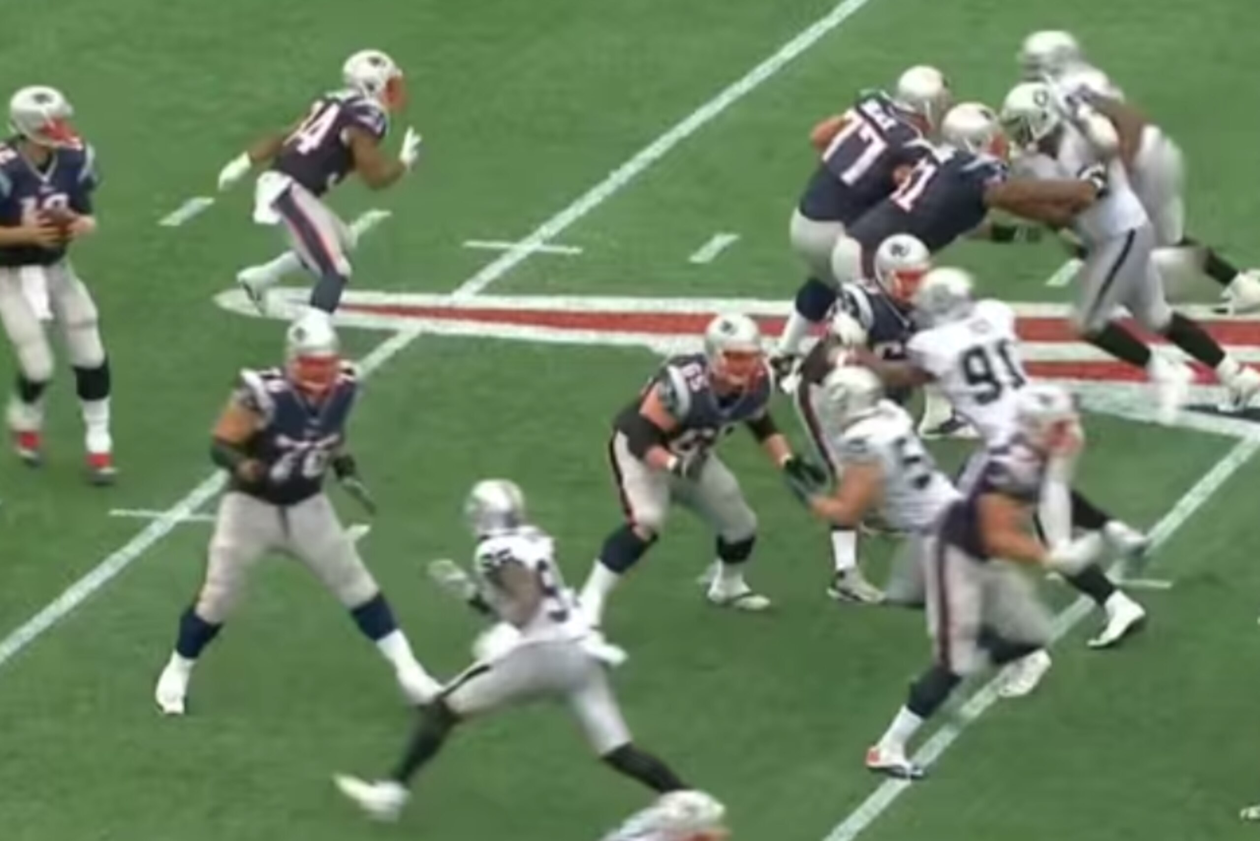 Mack shoots out like a cannon and has the angle to Brady. Mack shoots out like a cannon and has the angle to Brady.