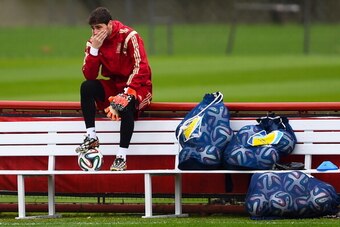 CURITIBA, BRAZIL - JUNE 20:  Iker Casillas of Spain looks on during a Spanish training session at Centro de Entrenamiento do Caju on June 20, 2014 in Curitiba, Brazil.  (Photo by David Ramos/Getty Images)
