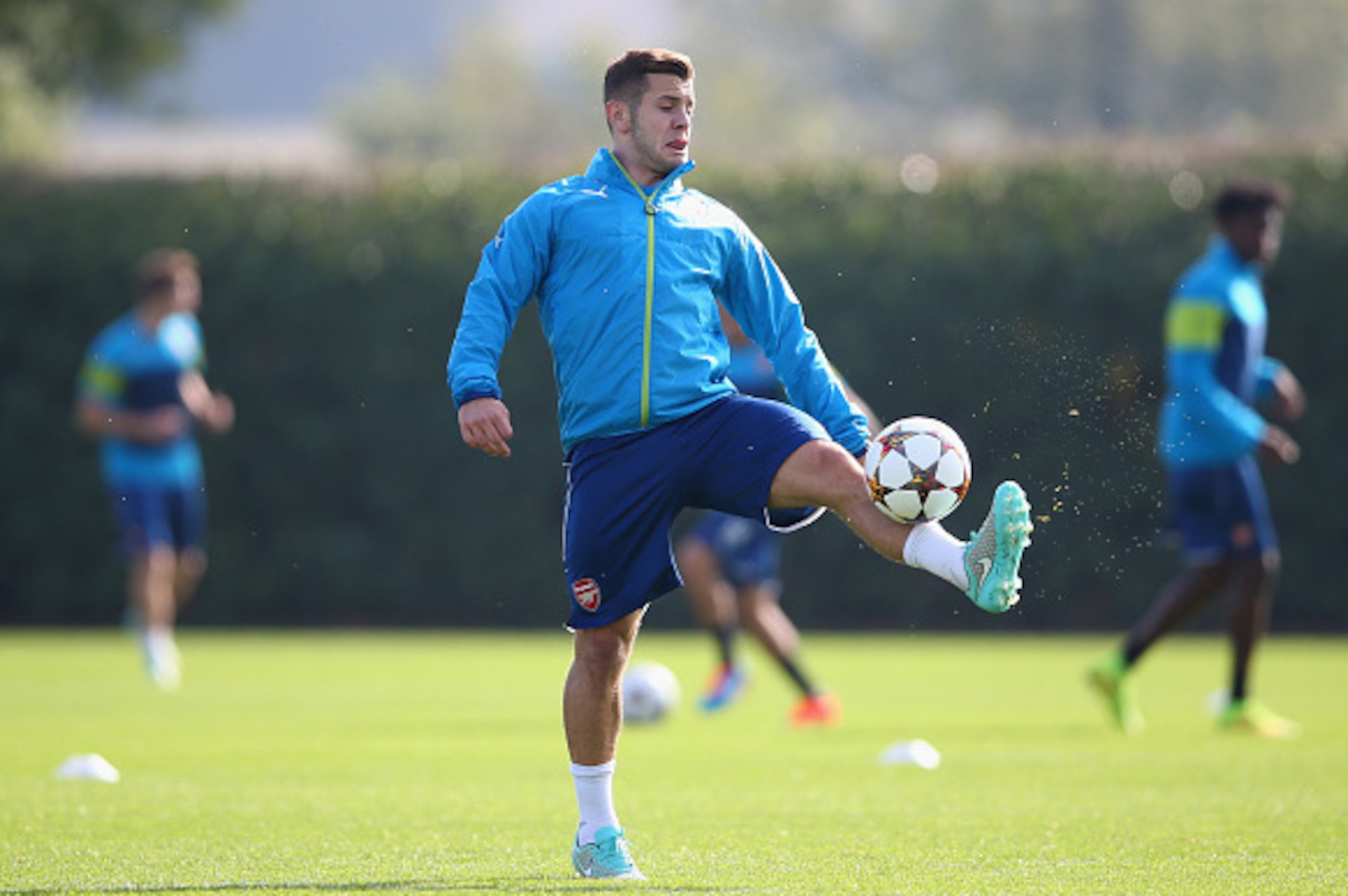ST ALBANS, ENGLAND - SEPTEMBER 30:  Jack Wilshere of Arsenal in action during an Arsenal training session ahead of their UEFA Champions League Group D match against Galatasaray at London Colney on September 30, 2014 in St Albans, England.  (Photo by Paul 