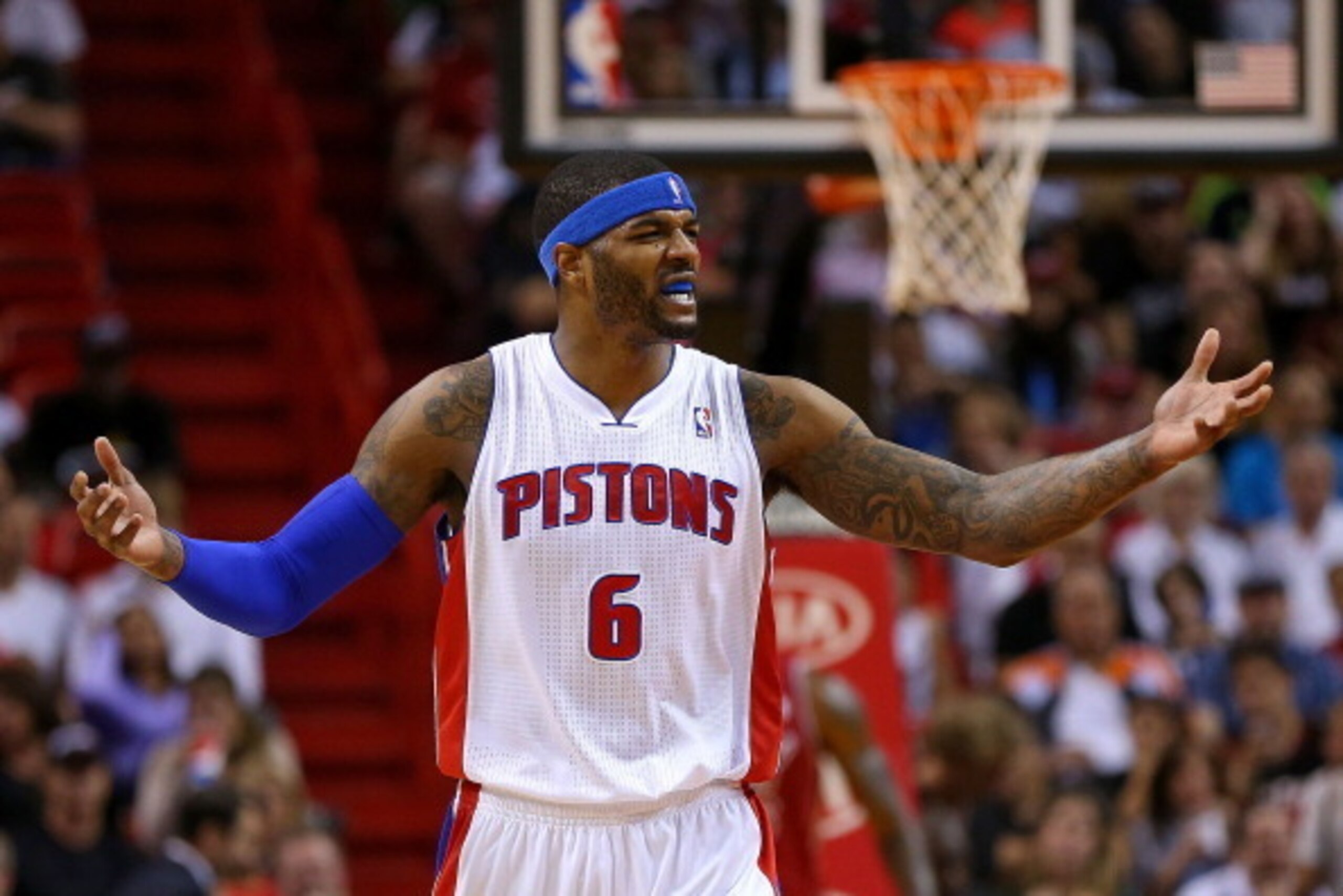 MIAMI, FL - DECEMBER 03: Josh Smith #6 of the Detroit Pistons reacts to a play during a game against the Miami Heat at American Airlines Arena on December 3, 2013 in Miami, Florida. NOTE TO USER: User expressly acknowledges and agrees that, by downloading