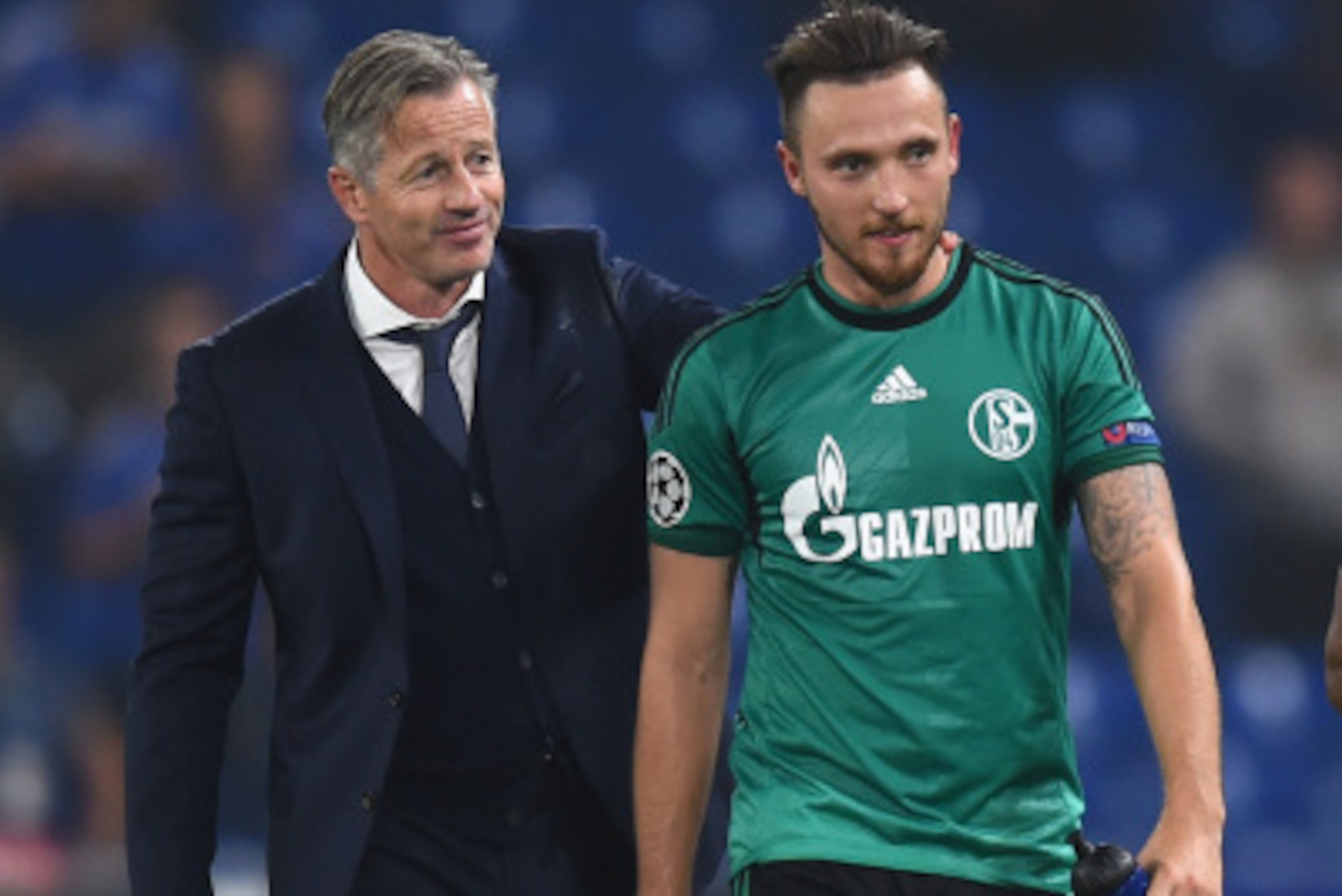 LONDON, ENGLAND - SEPTEMBER 17:  Schalke coach Jens Keller celebrates with Marco Hoger at the end of the UEFA Champions League Group G match between Chelsea FC and FC Schalke 04 on September 17, 2014 in London, United Kingdom.  (Photo by Mike Hewitt/Getty