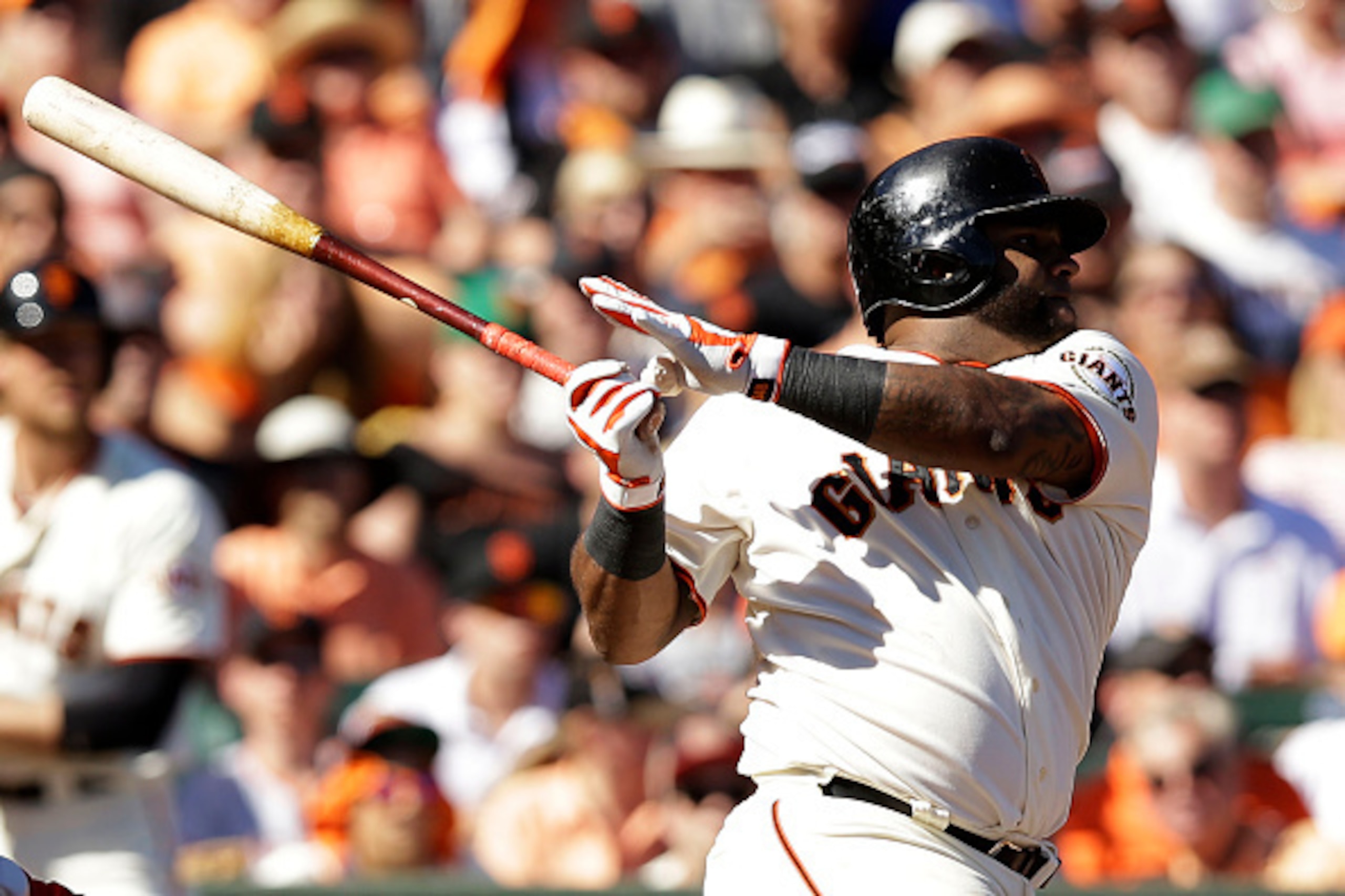 SAN FRANCISCO, CA - OCTOBER 06:  Pablo Sandoval #48 of the San Francisco Giants hits a single in the second inning against the Washington Nationals during Game Three of the National League Division Series at AT&T Park on October 6, 2014 in San Francisco, 
