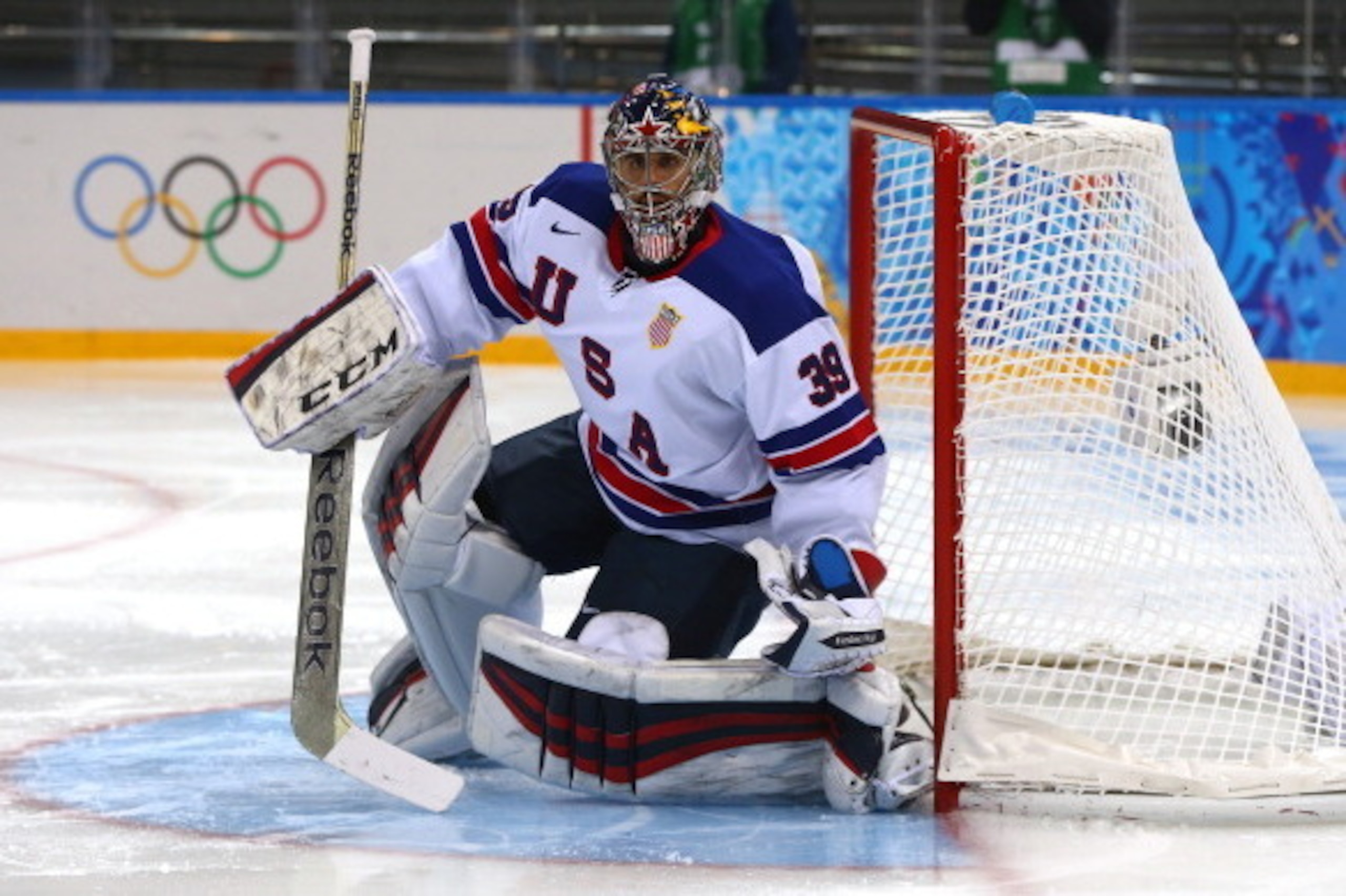 SOCHI, RUSSIA - FEBRUARY 16: Ryan Miller #39 of the United States tends the net in the second period against Slovenia during the Men's Ice Hockey Preliminary Round Group A game on day nine of the Sochi 2014 Winter Olympics at Shayba Arena on February 16, 