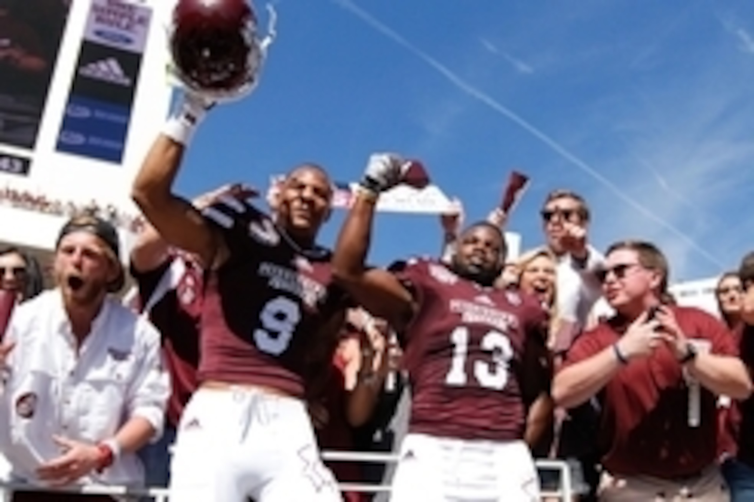 Oct 4, 2014; Starkville, MS, USA; Mississippi State Bulldogs defensive back Justin Cox (9) and Mississippi State Bulldogs running back Josh Robinson (13) celebrate their teams win against the Texas A&M Aggies at Davis Wade Stadium. The Bulldogs defeated t Oct 4, 2014; Starkville, MS, USA; Mississippi State Bulldogs defensive back Justin Cox (9) and Mississippi State Bulldogs running back Josh Robinson (13) celebrate their teams win against the Texas A&M Aggies at Davis Wade Stadium. The Bulldogs defeated t