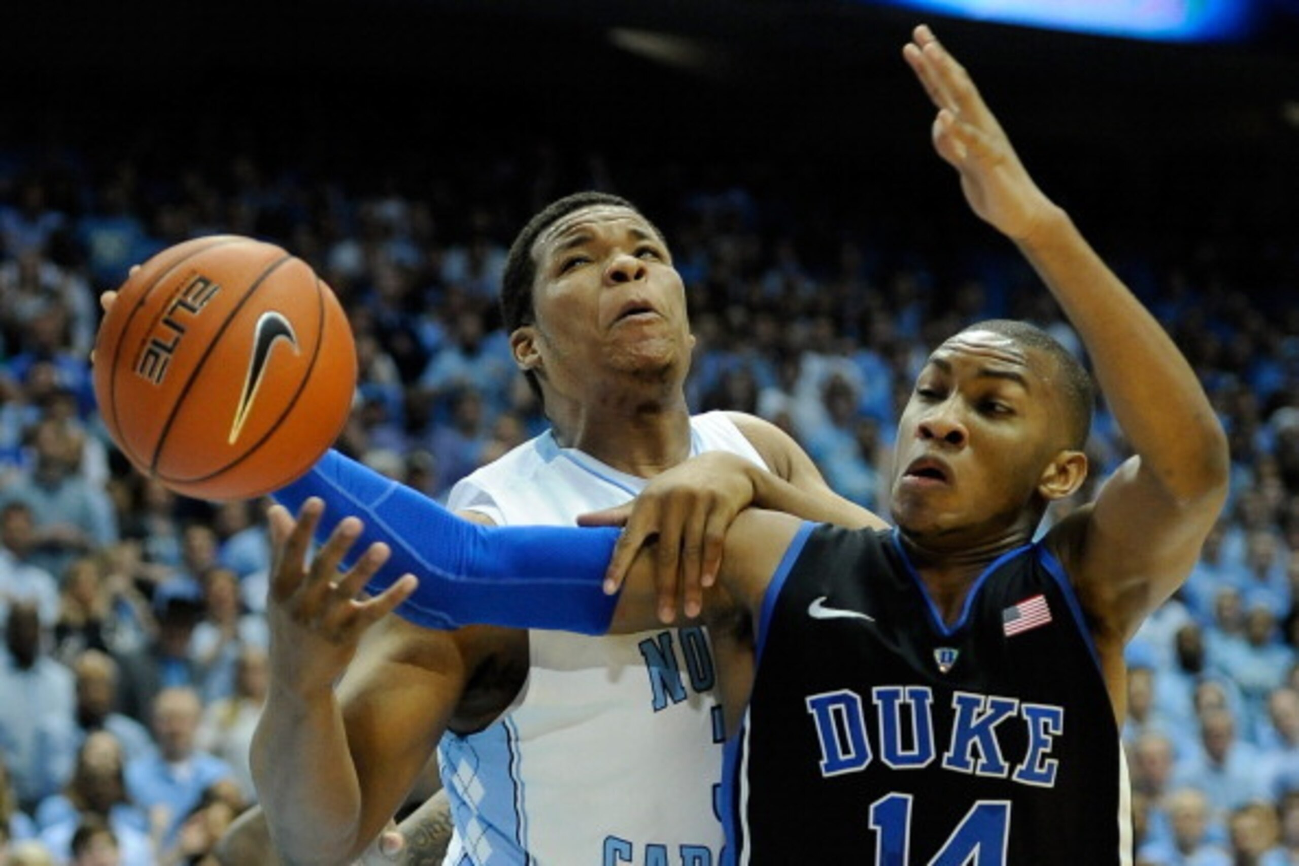 CHAPEL HILL, NC - FEBRUARY 20: Kennedy Meeks #3 of the North Carolina Tar Heels battles Rasheed Sulaimon #14 of the Duke Blue Devils for a rebound during their game at the Dean Smith Center on February 20, 2014 in Chapel Hill, North Carolina. (Photo by CHAPEL HILL, NC - FEBRUARY 20: Kennedy Meeks #3 of the North Carolina Tar Heels battles Rasheed Sulaimon #14 of the Duke Blue Devils for a rebound during their game at the Dean Smith Center on February 20, 2014 in Chapel Hill, North Carolina. (Photo by