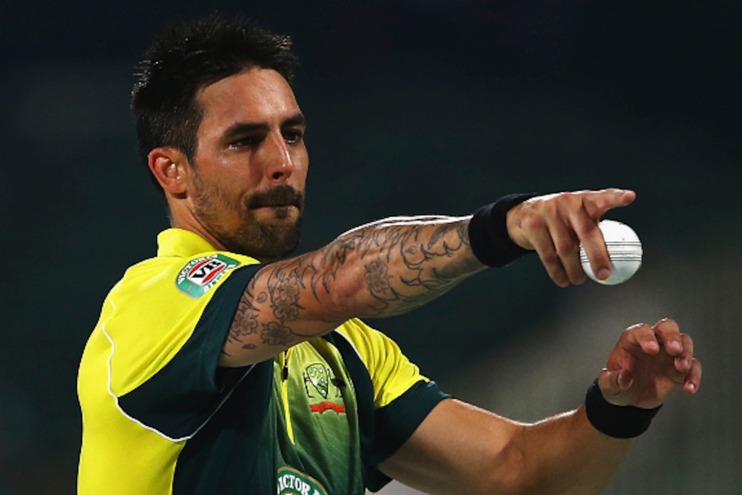 SHARJAH, UNITED ARAB EMIRATES - OCTOBER 07:  Mitchell Johnson of Australia reacts  during the first match of the one day international series between Australia and Pakistan at Sharjah Cricket Stadium on October 7, 2014 in Sharjah, United Arab Emirates.  (