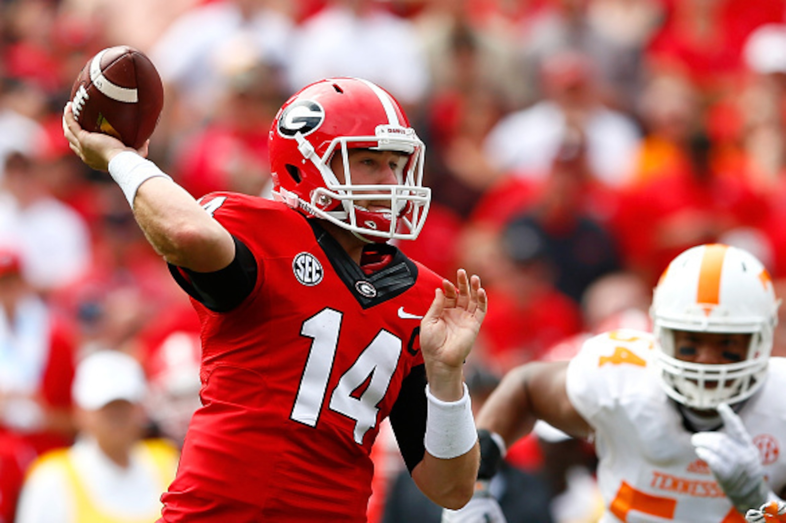 ATHENS, GA - SEPTEMBER 27: Hutson Mason #14 of the Georgia Bulldogs looks to pass against the Tennessee Volunteers at Sanford Stadium on September 27, 2014 in Athens, Georgia. (Photo by Kevin C. Cox/Getty Images) ATHENS, GA - SEPTEMBER 27: Hutson Mason #14 of the Georgia Bulldogs looks to pass against the Tennessee Volunteers at Sanford Stadium on September 27, 2014 in Athens, Georgia. (Photo by Kevin C. Cox/Getty Images)