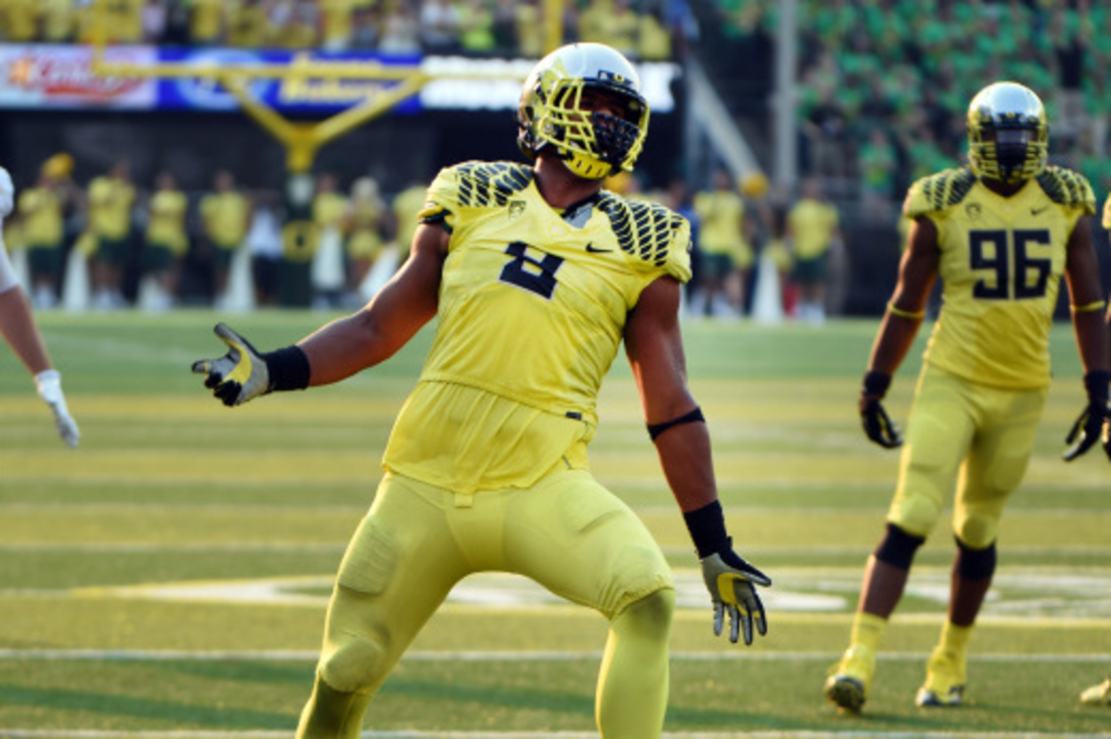 EUGENE, OR -SEPTEMBER 06: Defensive lineman Arik Armstead #9 of the Oregon Ducks celebrates a sack during the third quarter of the game against the Michigan State Spartans at Autzen Stadium on September 6, 2014 in Eugene, Oregon. Oregon won the game 46-27