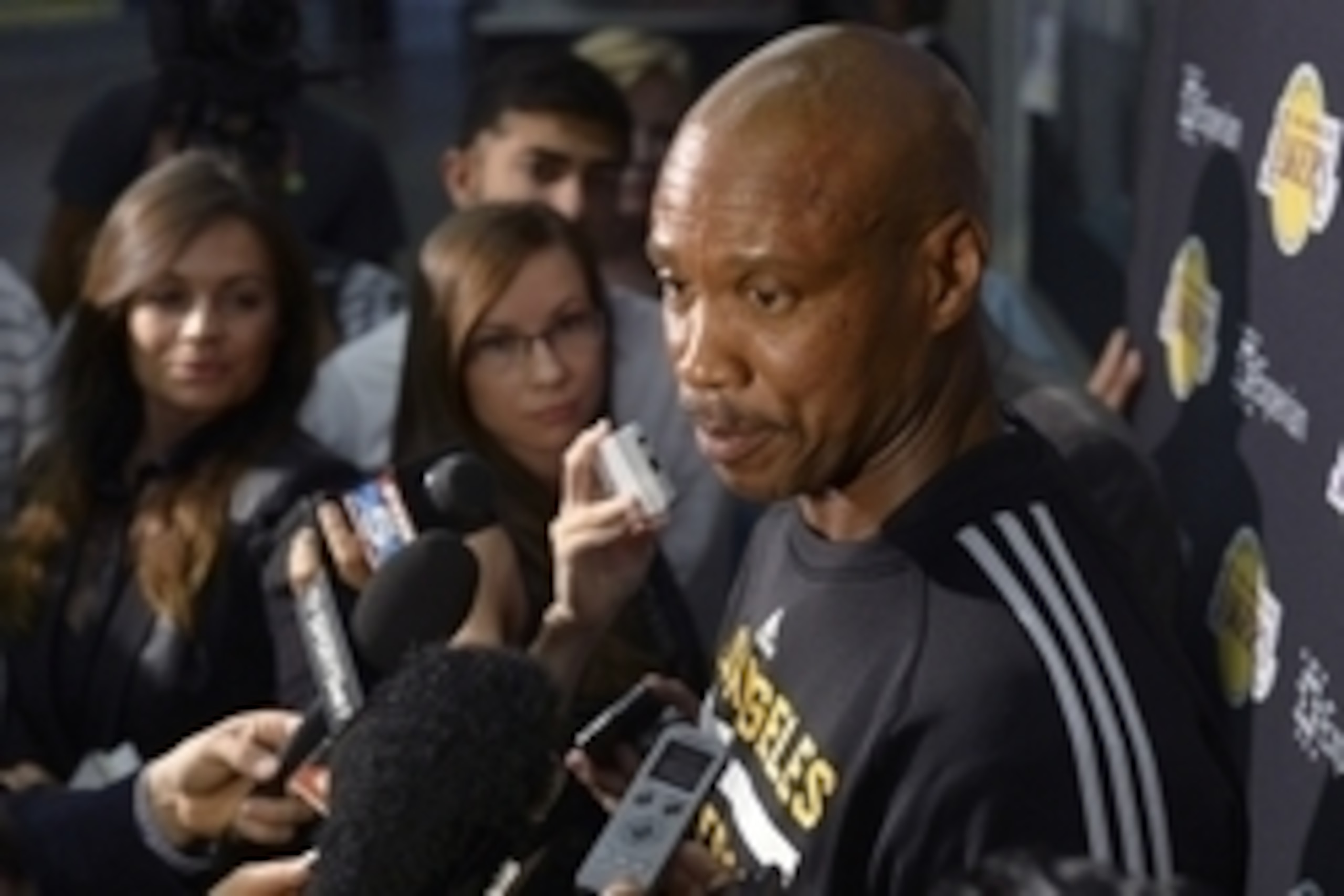 Oct 6, 2014; San Diego, CA, USA; Los Angeles Lakers head coach Byron Scott talks to media before the game against the Denver Nuggets at Valley View Casino Center. Mandatory Credit: Jake Roth-USA TODAY Sports