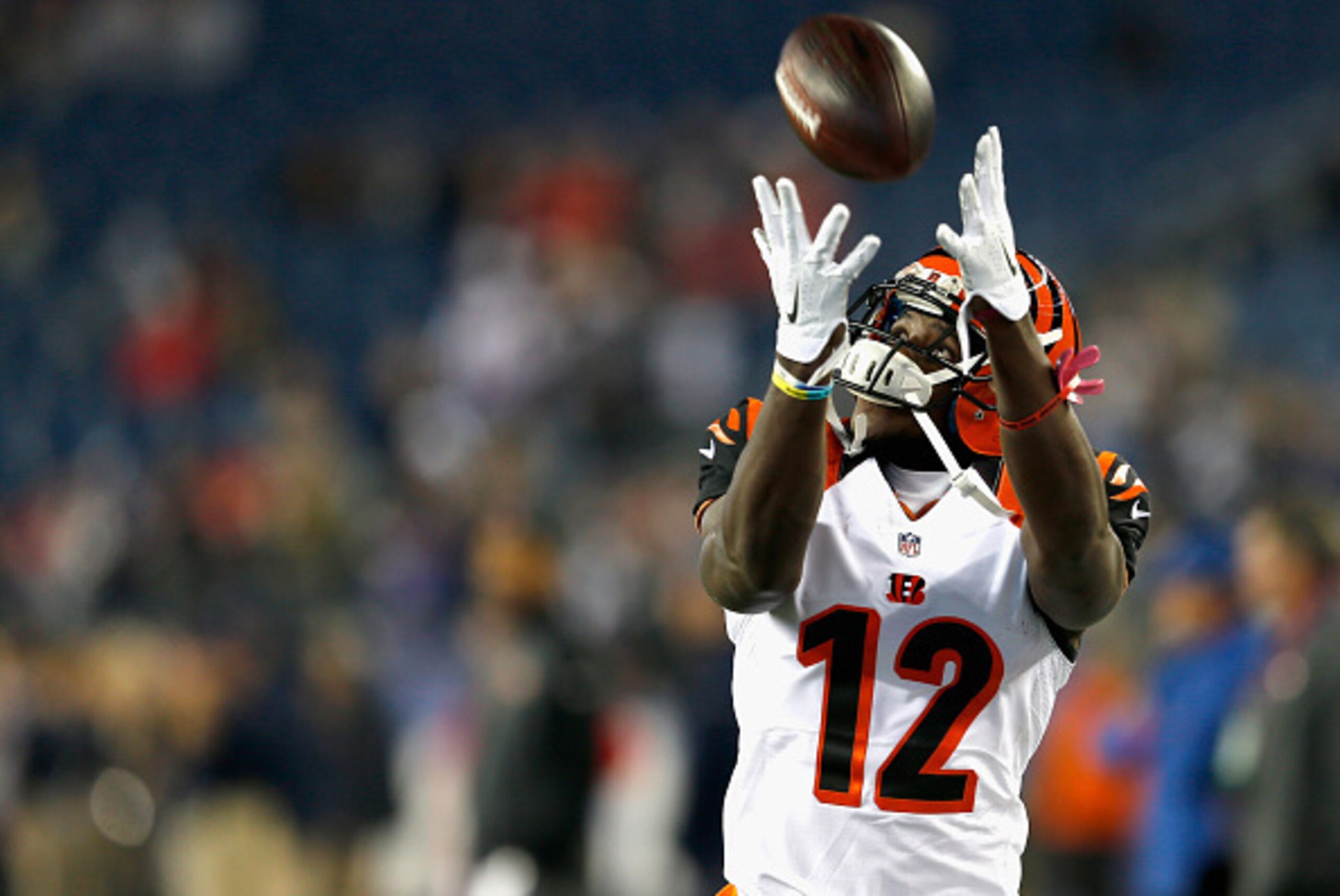 FOXBORO, MA - OCTOBER 05:  Mohamed Sanu #12 of the Cincinnati Bengals warms up before a game against the New England Patriots at Gillette Stadium on October 5, 2014 in Foxboro, Massachusetts.  (Photo by Jim Rogash/Getty Images)
