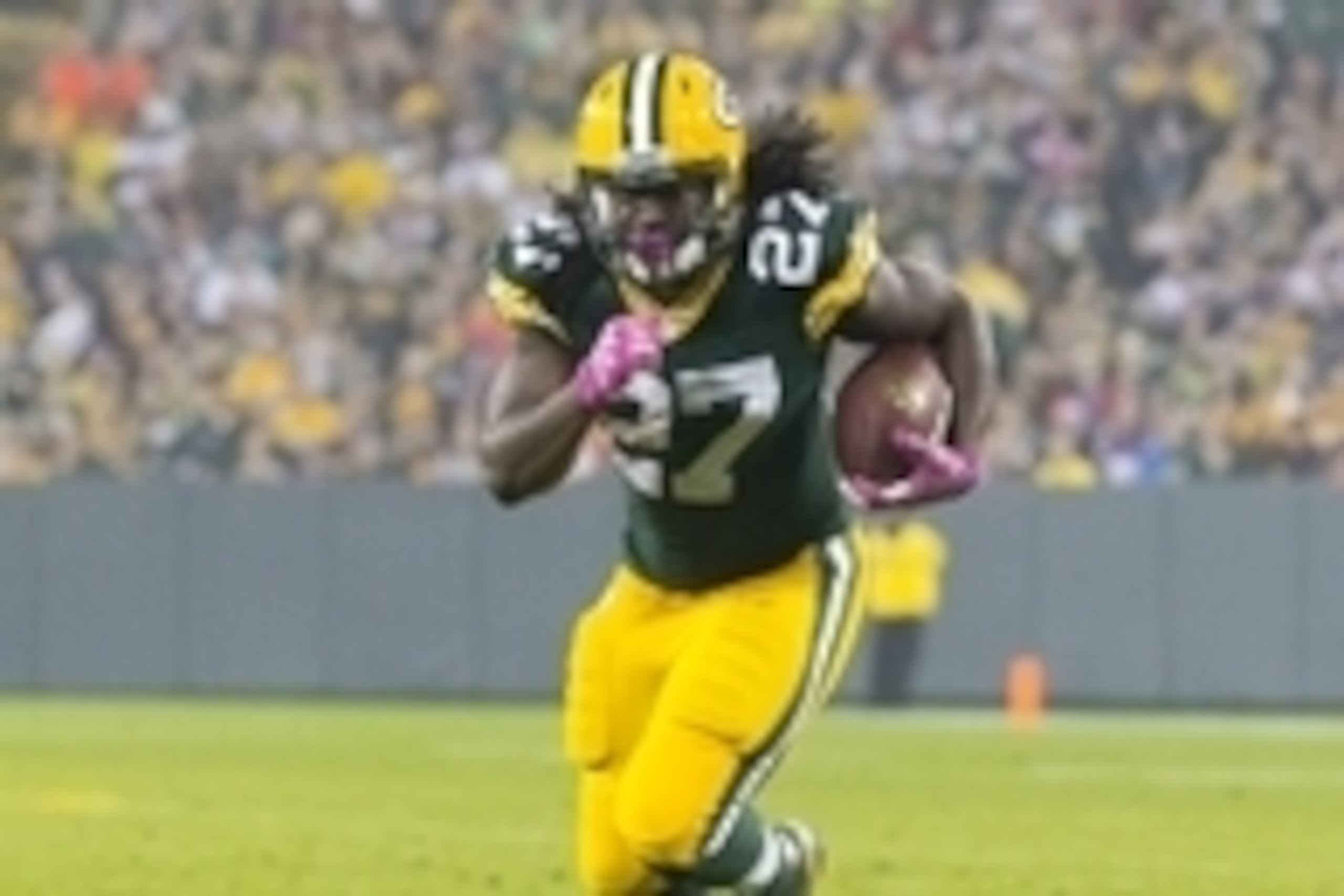 Oct 2, 2014; Green Bay, WI, USA; Green Bay Packers running back Eddie Lacy (27) during the game against the Minnesota Vikings at Lambeau Field.  Green Bay won 42-10.  Mandatory Credit: Jeff Hanisch-USA TODAY Sports